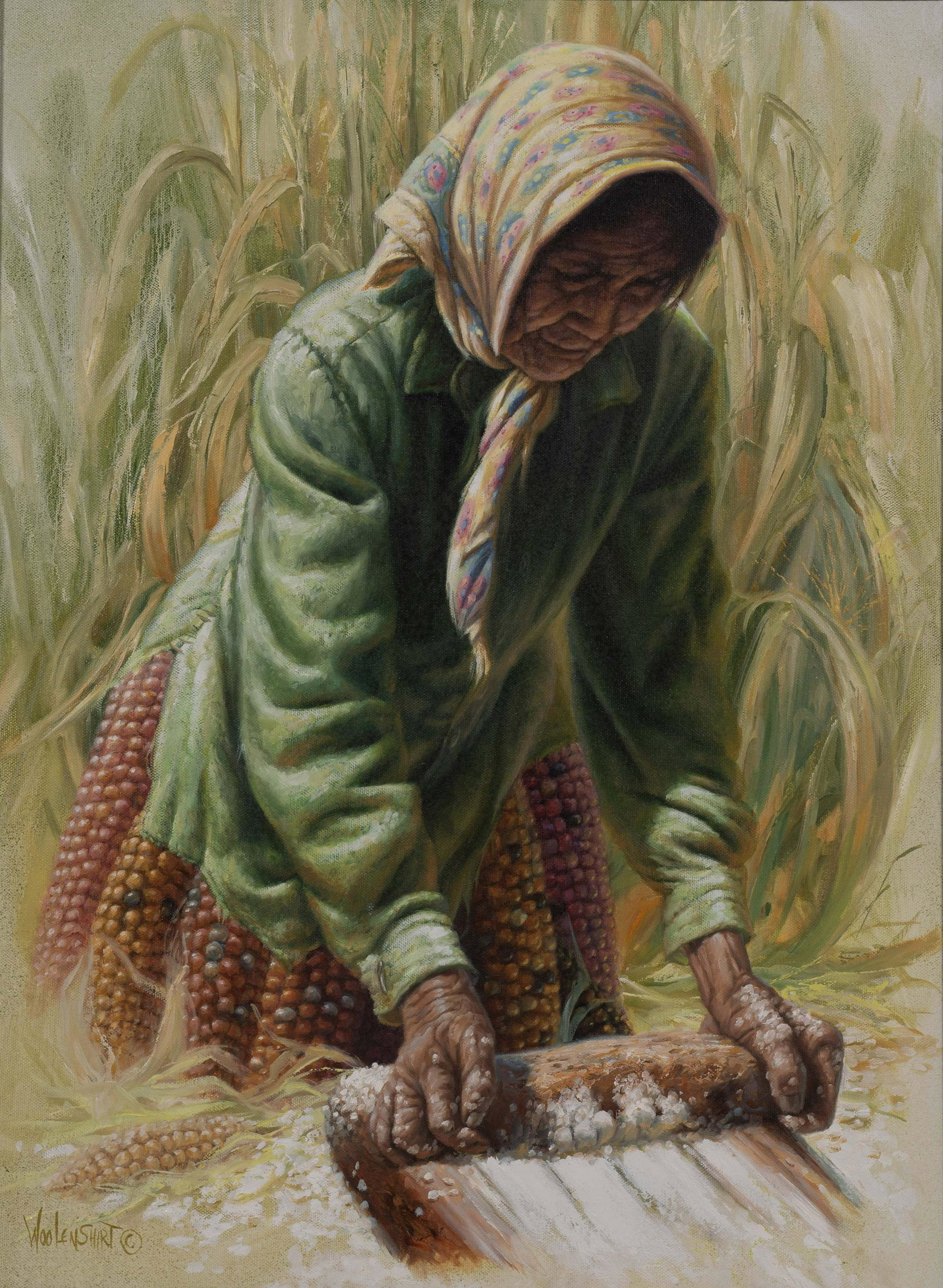 James King Woolenshirt Painting "Grinding Corn": James King Woolenshirt, 20th C Native American painting "Grinding Corn", James B King, also known as Woolenshirt, oil on canvas, signed " woolenshirt", 24" x 18", framed 29-3/4" x 23-3/4", excellent c