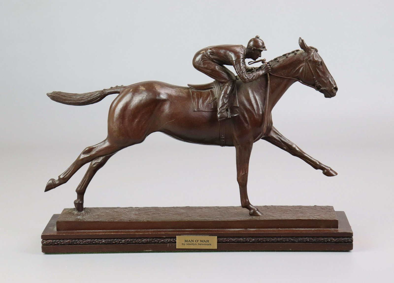 Marilyn Newmark Equestrian Bronze "Man o' War": Marilyn Newmark (American, 1928-2013) equestrian bronze "Man o' War", bronze with original patina, signed "1977 M. Newmark NSS", 9-1/4" x 14-1/4" x 2-1/2" excluding base, very good condition, acquired