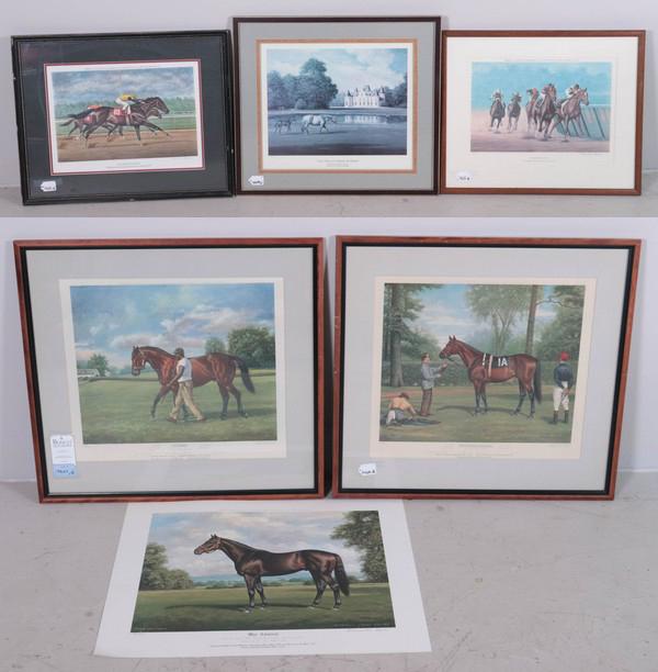 (5) Richard Stone Reeves Equestrian Prints: (5) Richard Stone Reeves equestrian prints including Affirmed Beating Alydar, Fargo Defeats Honest Pleasure, Grey Dawn at Chateau du Mesnil, Ribot and Buckpasser, each hand signed, largest framed size