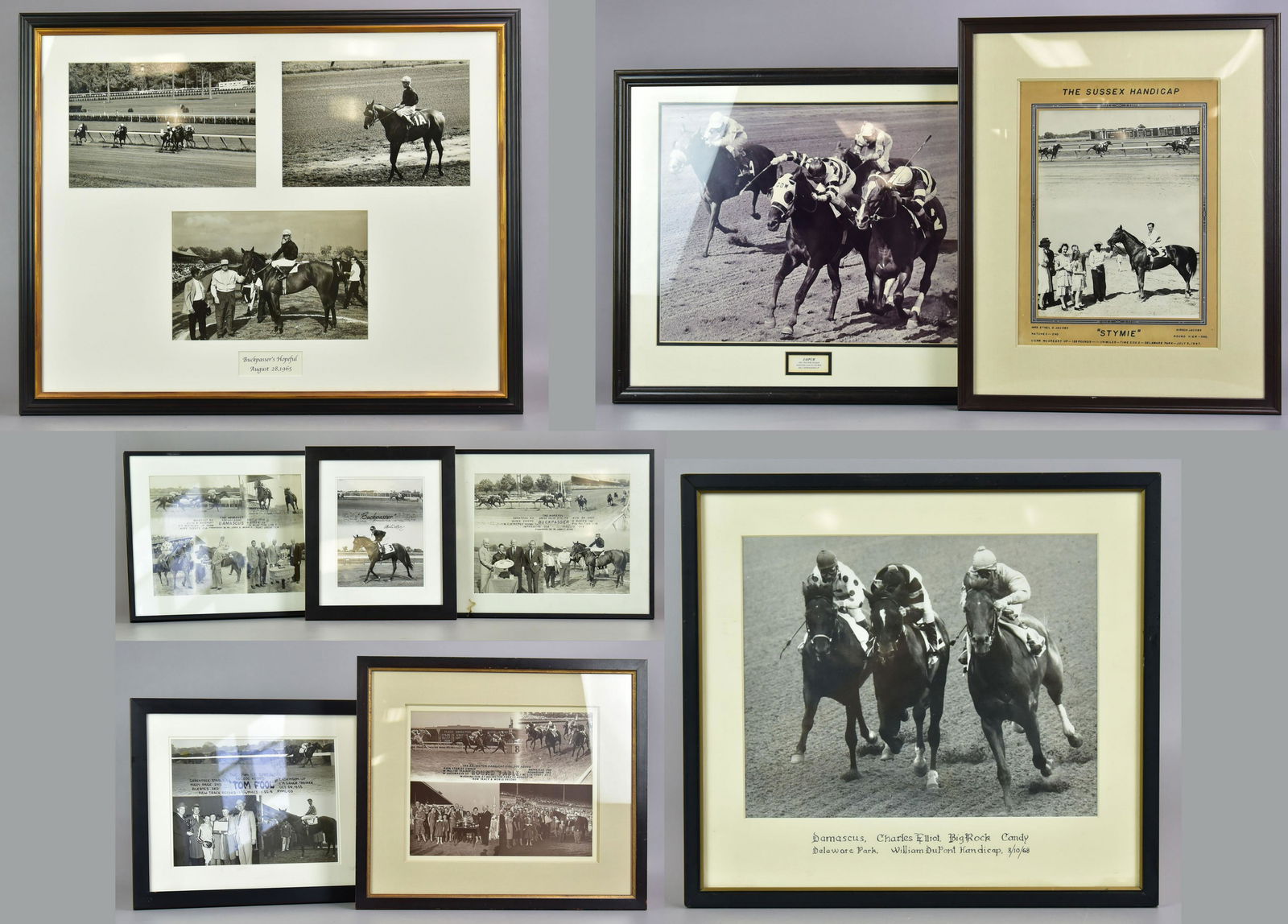 (11) 1950-1960's Horse Racing Photographs: (11) 1950-1960's horse racing photographs, including horses Buckpass, Jaipur, Damascus, Charles Elliott, Big Rock Candy, Round Table, Tom Fool and Stymie, largest framed size 25-1/2" x 32", acquired f