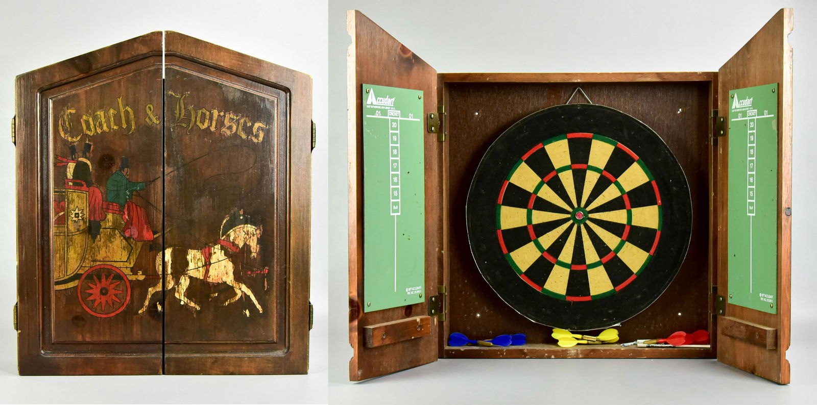 Coach and Horses Dart Case: Calumet Farms Horseracing Silk and Cap in "Devils Red and Blue", from the estate of a prominent Philadelphia lawyer and race horse owner, framed size meassures 37-1/2" x 33-1/4"; very good condition