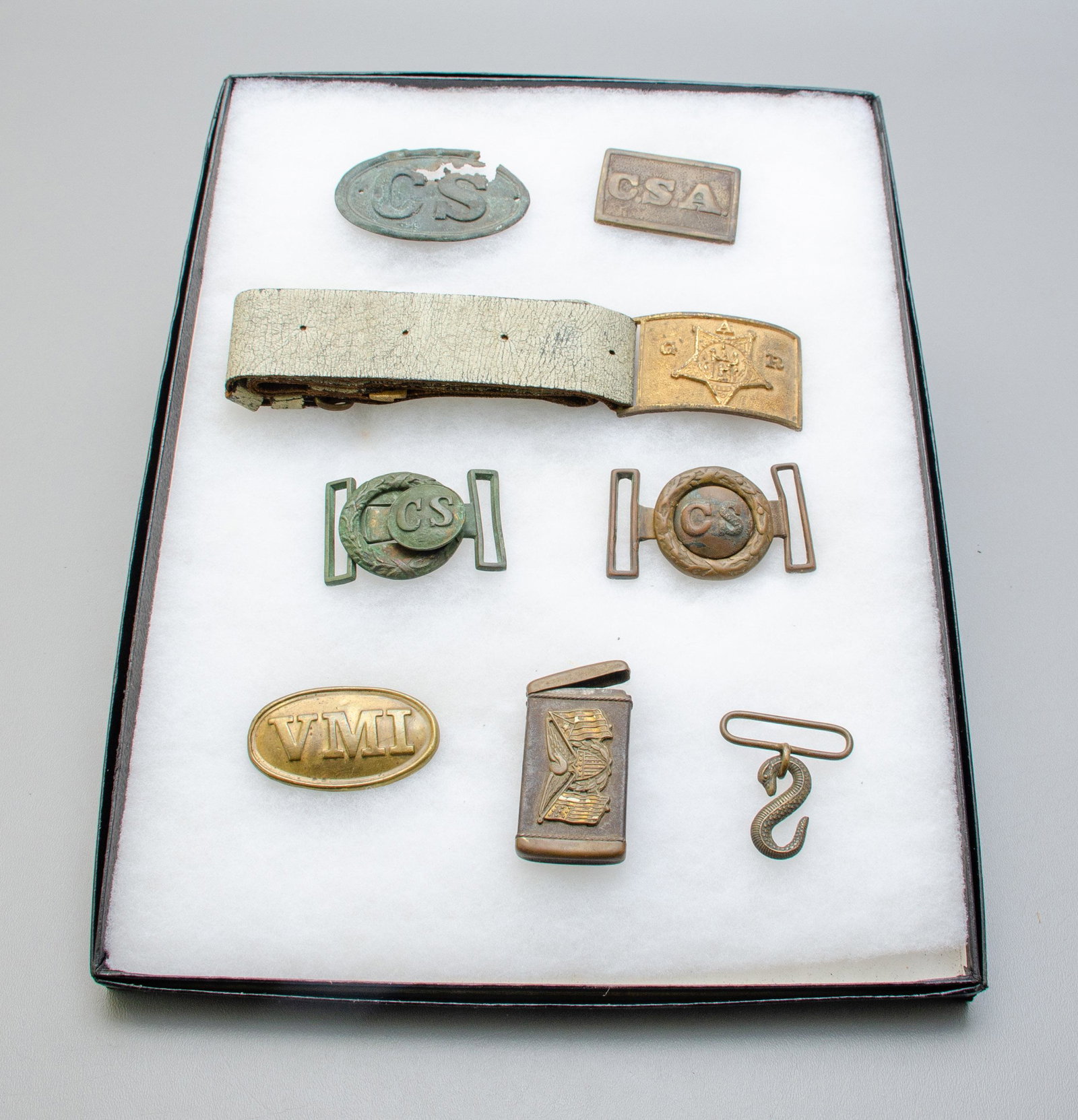 (4) Civil War Buckles: (4) CSA Belt Buckles, GAR Buckle, US Eagle Match Safe, VMA Buckle