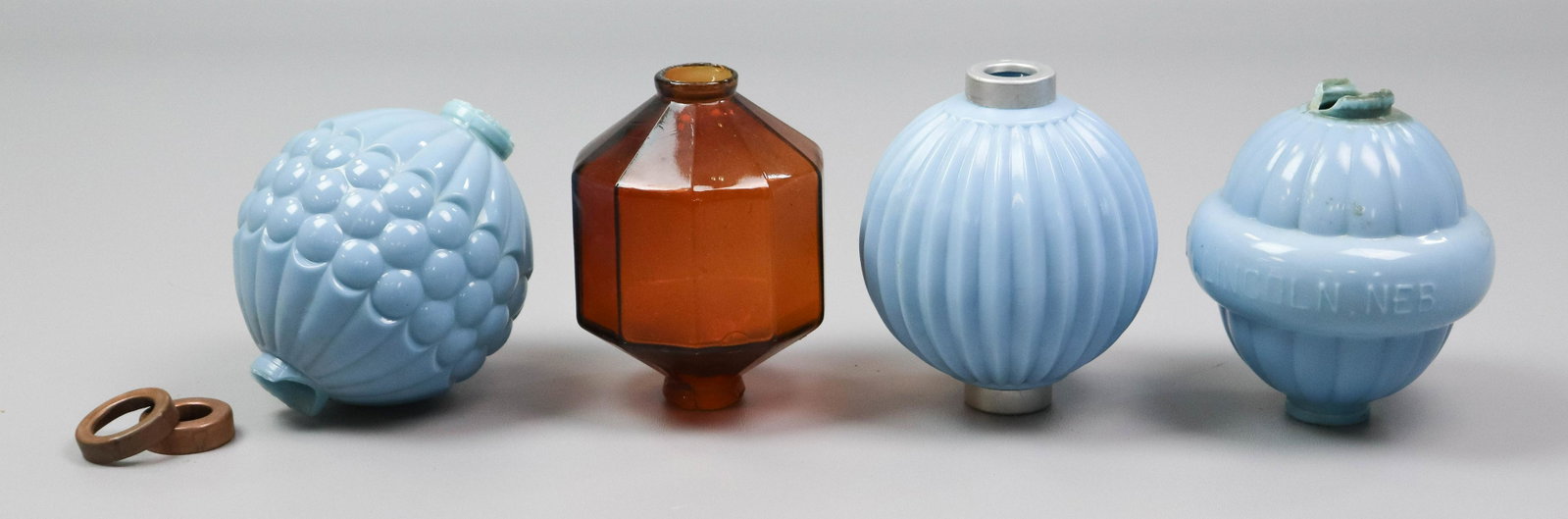(4) Glass Lightning Rod Balls: (4) Glass lightning rod balls, c/o blue milk glass Ribbed Grape, BMG WC Shinn Belted, BMG Pleat Pointed, amber 10-sided