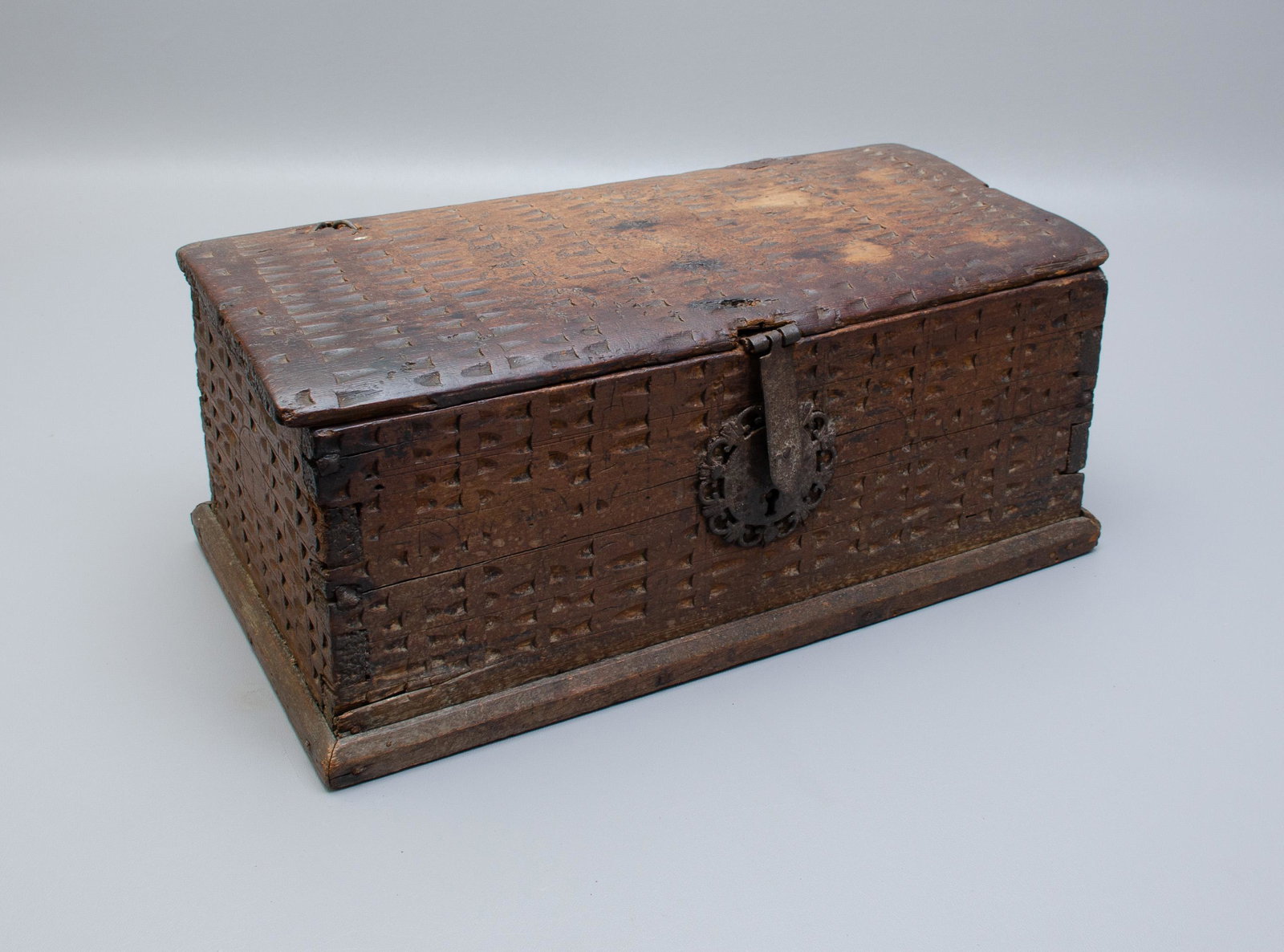 Chisel Textured Document Box: Chisel textured document box, wood composition with dovetail joints, wrought iron latch and pierced iron escutcheon, 16" L x 8" D x 8-1/2" H