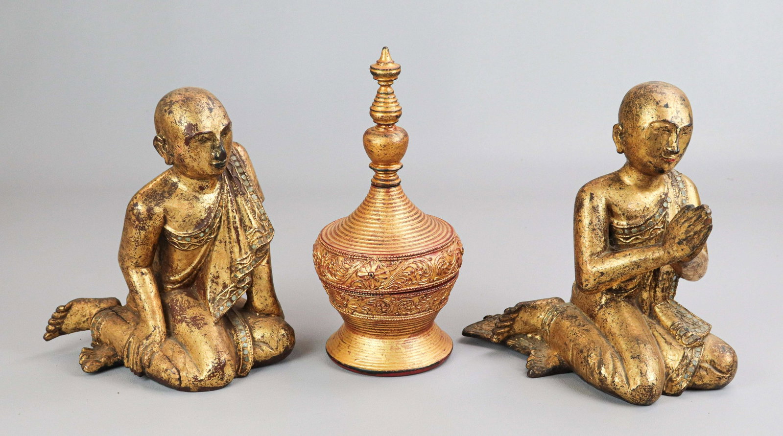 (3) Pcs Burmese Lacquer: (3) Pcs Burmese lacquer, c/o pair of gilt lacquer disciple figures, tallest 9-3/4", gold painted lacquer covered box, 10-1/2" h x 4-3/4" dia