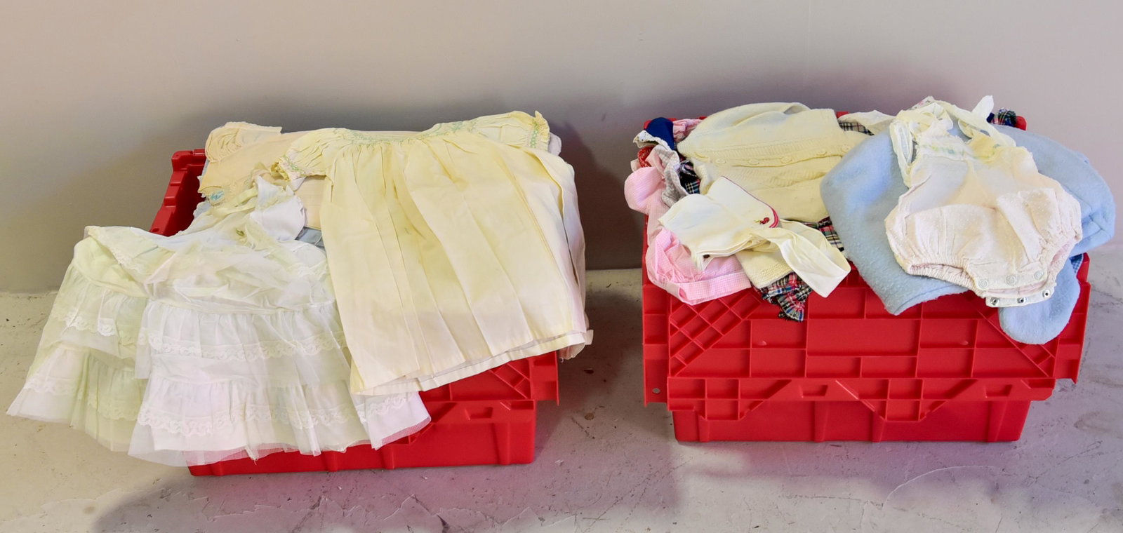 Large Grouping Vintage Childs Garments: Large grouping vintage childs garments to include, undershirts, dresses, shifts, bloomers, several smocked examples, sweaters, blankets, bonnets, bibs, hangers, booties, diapers, cold weather wear and