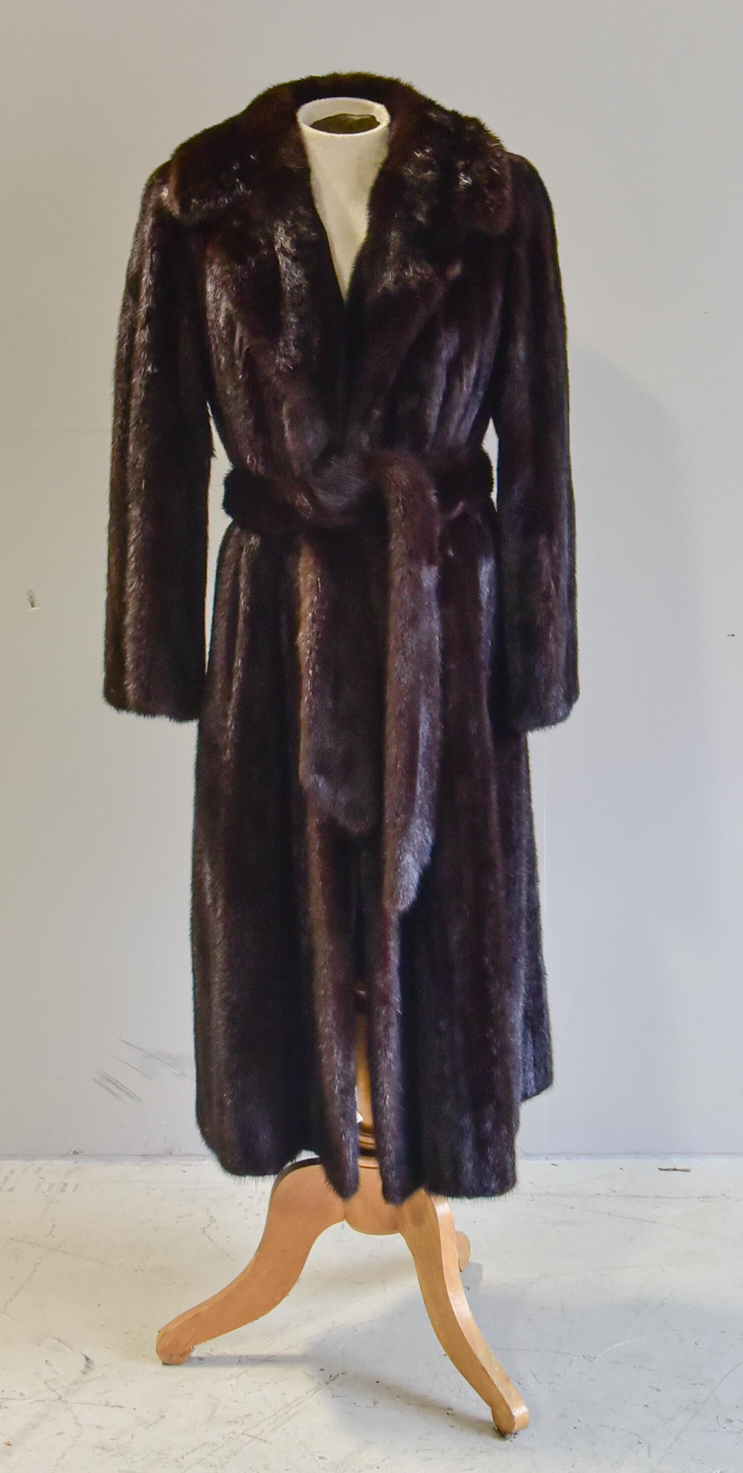 Shulman Furs Mink Coat: Shulman Furs mink coat with tie belt, approx size 10-12, approx 46" shoulder to hem