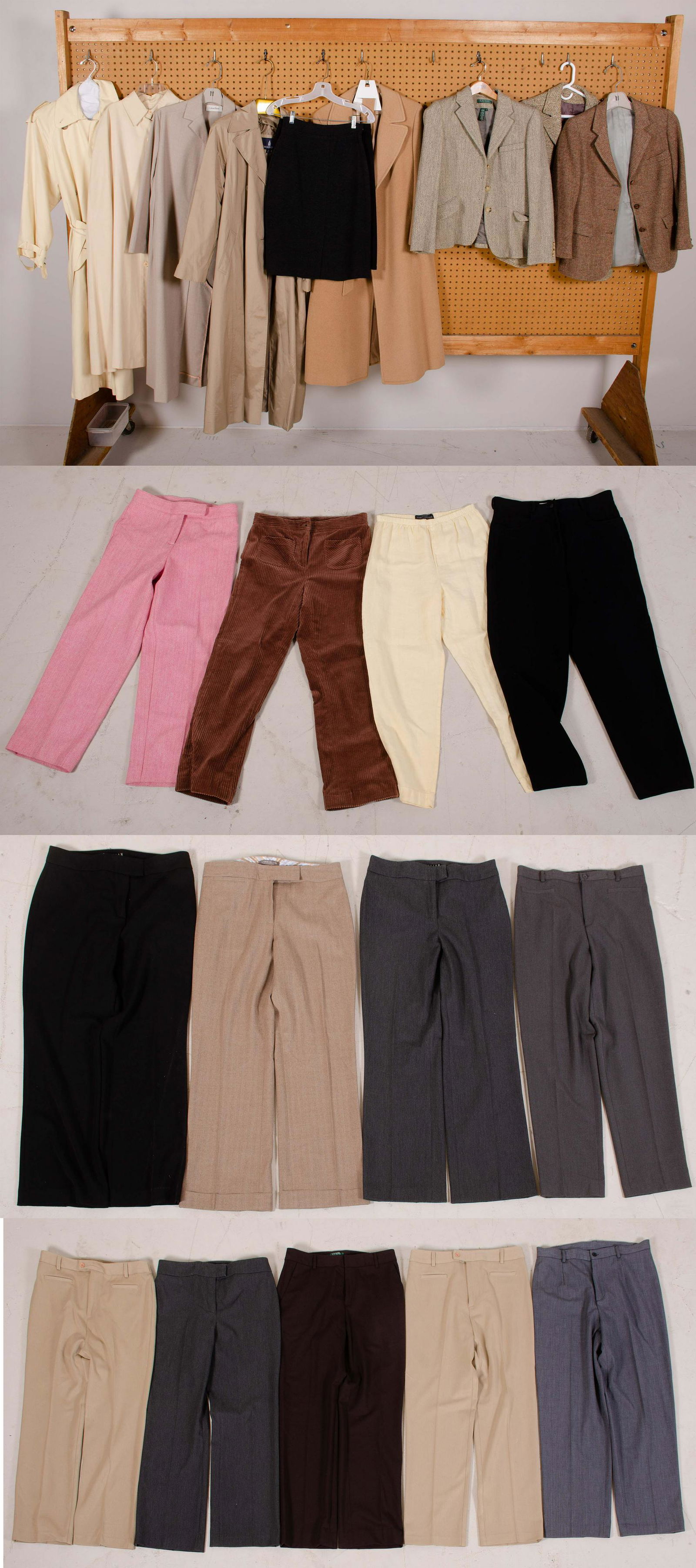 Womens Blazers, Coats and Pants: Womens blazers, coats and pants to include (3) wool blazers, (2) vintage (1) Lauren Ralph Lauren, S/M, silk cape, Perry Ellis silk trench, retailed by Bergdorf Goodman, S/M, Calvin Klein coat, retaile