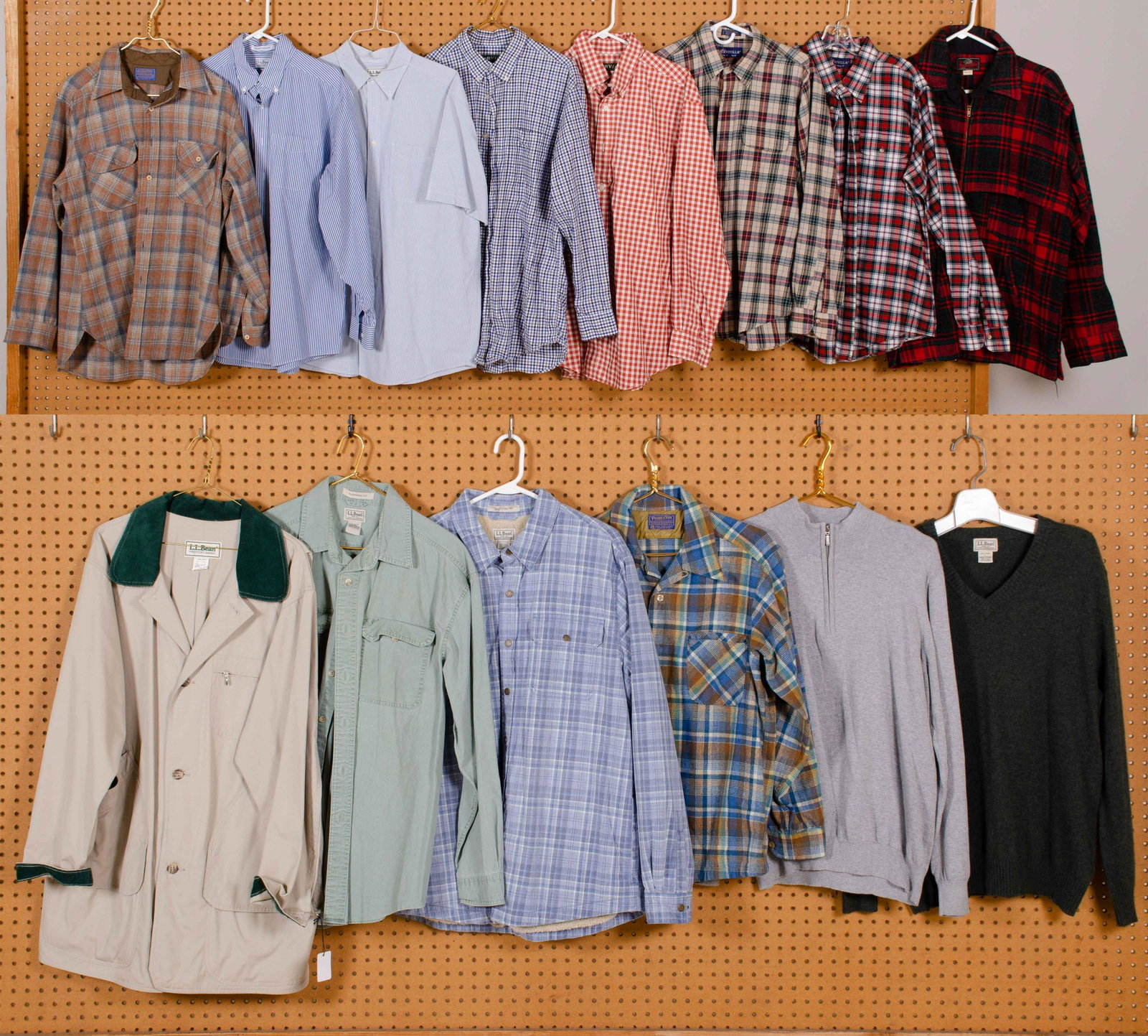Mens LL Bean, Pendleton, Orvis: Mens LL Bean, Pendleton, Orvis to include LL Bean cashmere sweater, mens L, LL Bean cotton and cashmere 3/4 zip sweater, mens L, vintage Pendleton wool flannel, pocket needs repaired, stain at front, 