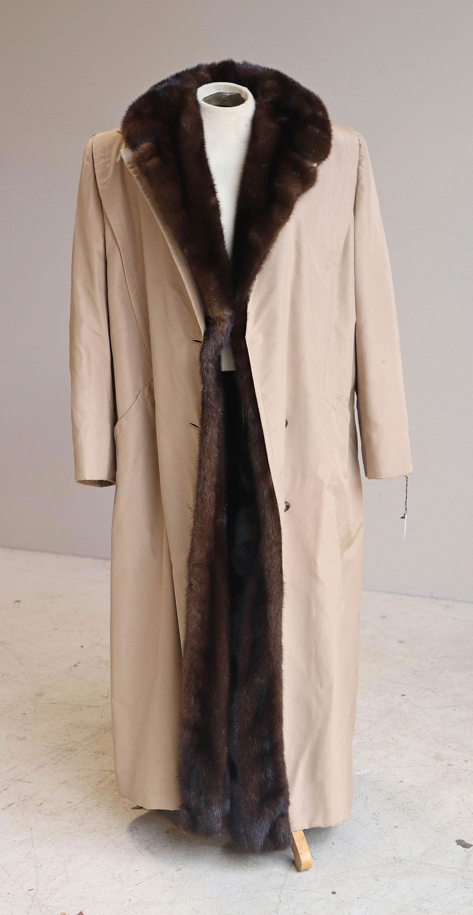 Ben Thylan Mink and Suede Lined Coat: Ben Thylan banded mink and suede lined coat, silk overcoat, wide outturned collar, size L, hole at silk shoulder and wear to pocket tops