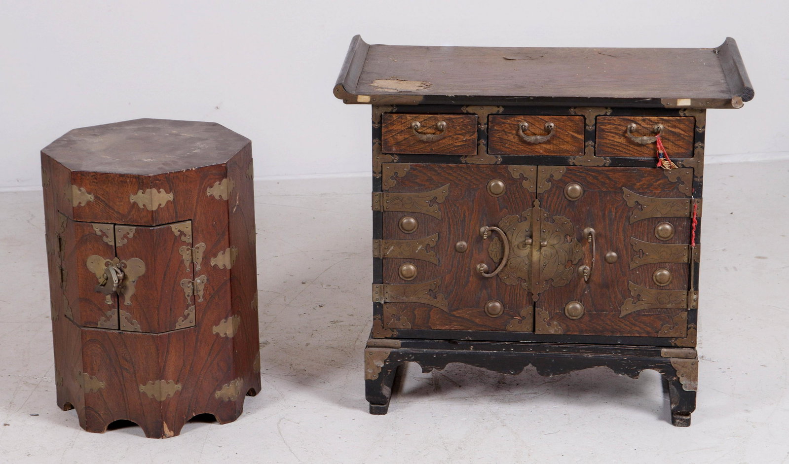 Asian style octagonal side table, Asian Elmwood chest: Asian style 2-door octagonal side table, along with Asian two door Elmwood chest on stand, largest 24"h x 26"w, wear and damages to both