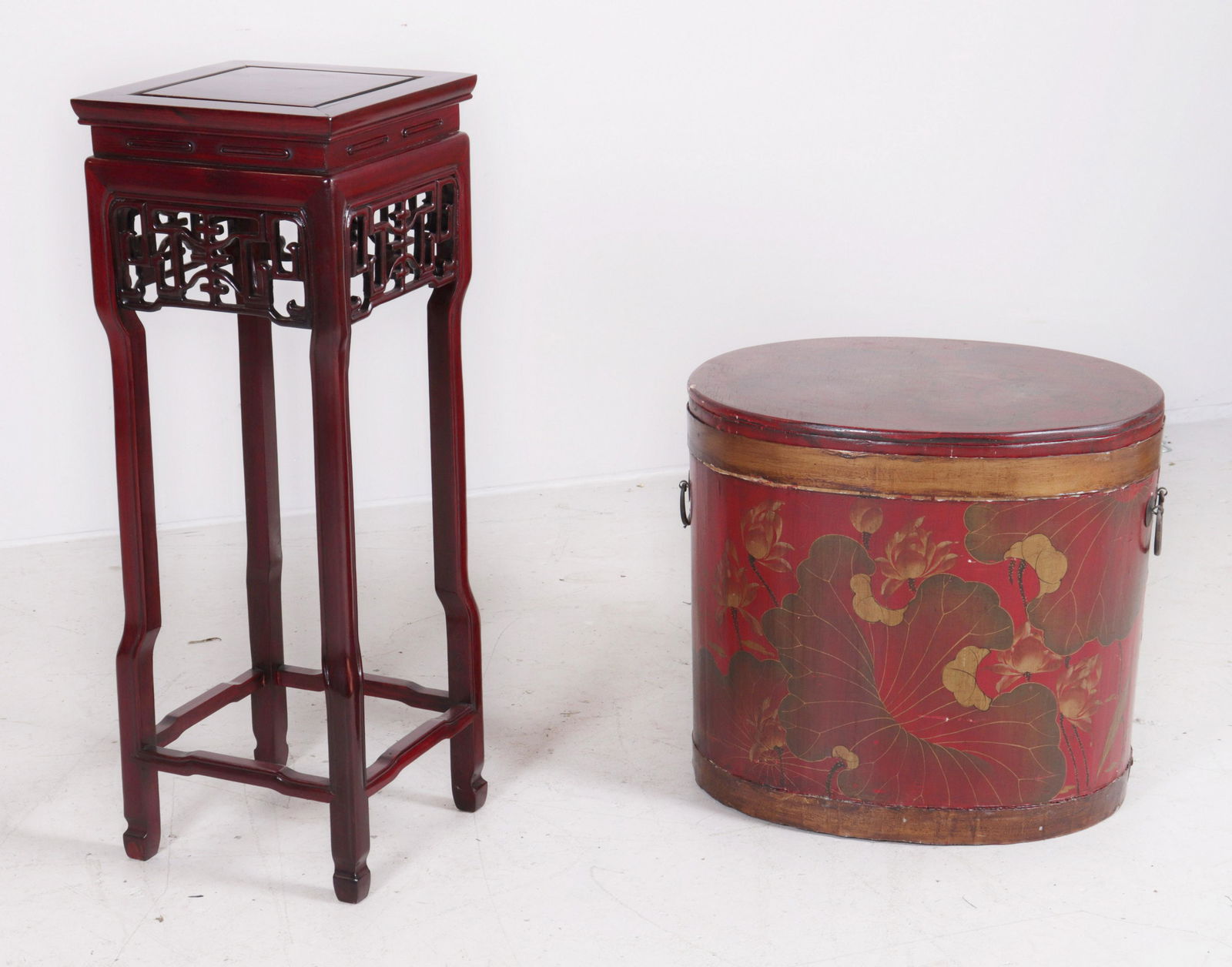 Asian paint decorated wood box, Asian pierced carved: Asian paint decorated wood box, along with Asian pierced carved plant stand, 33"h x 12"square