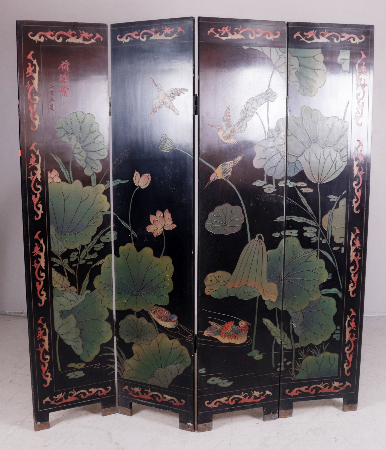 4-panel Chinese lacquered screen: 4-panel Lacqured Chinese screen, ebonized background with birds and bamboo on both sides, each screen 72-1/4"h x 16"w, some damages