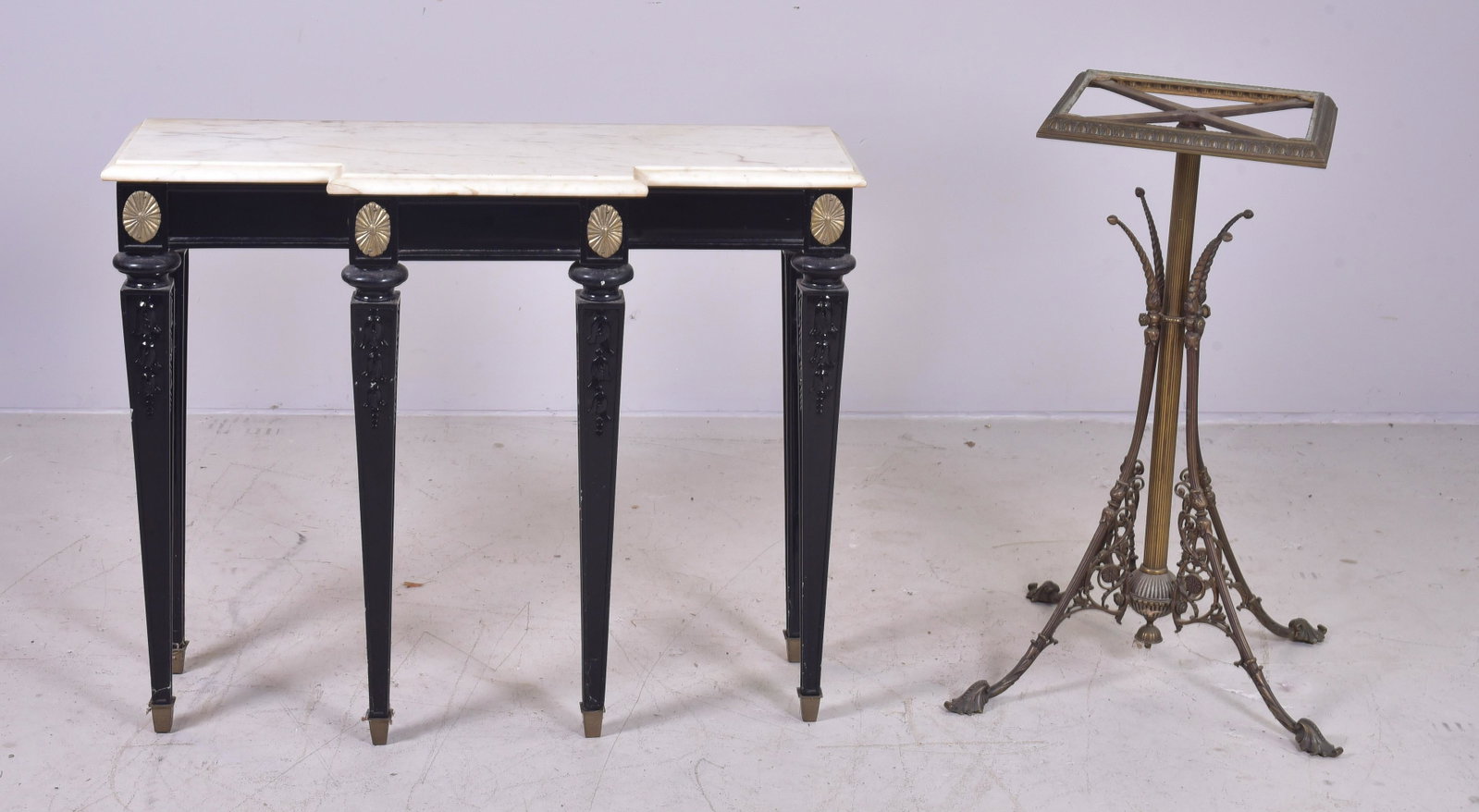 Victorian brass pedestal, Regency style marbletop: Victorian brass pedestal, missing top, Regency style lacquered marbletop console table, The marble is damaged and there is some wear to paint. Console measures 29-1/2"h x 30"w x 13-1/2"d.