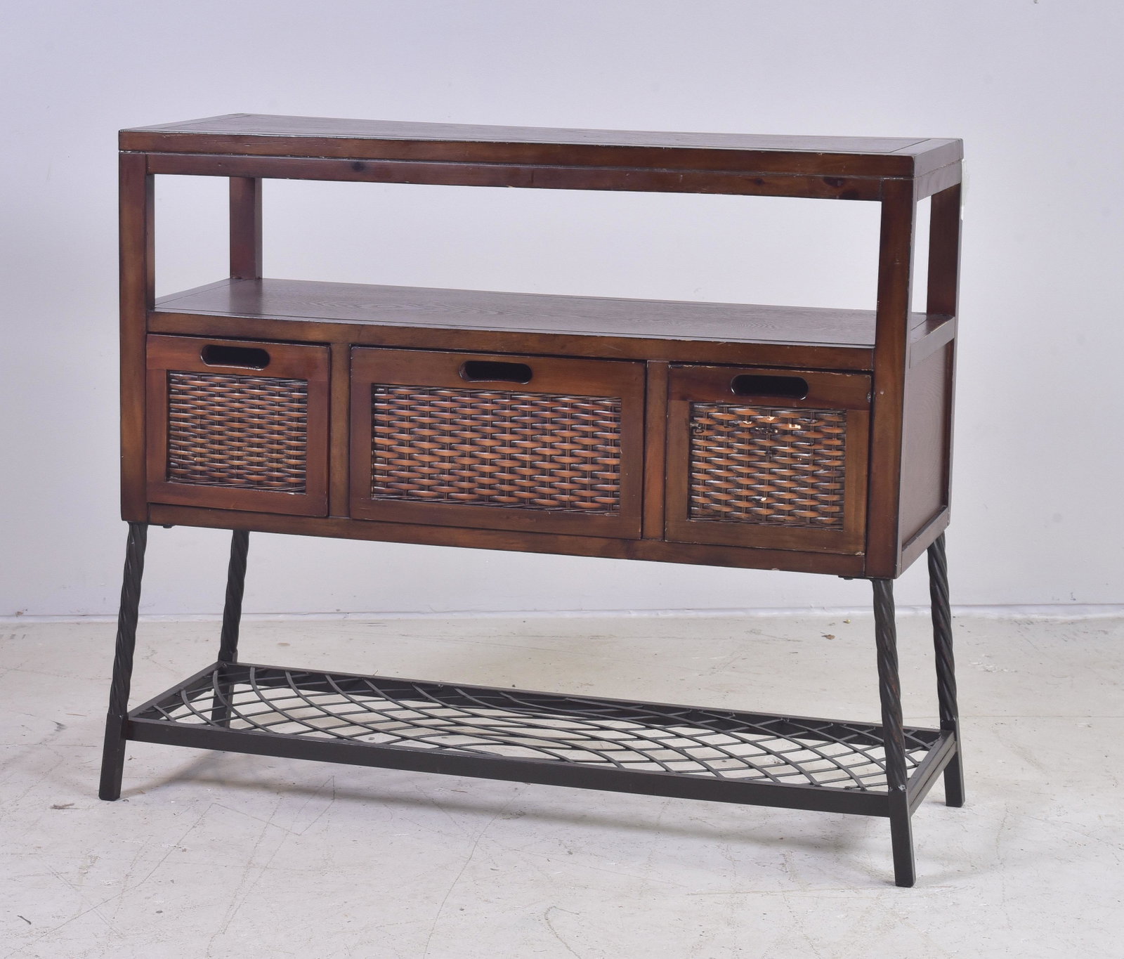 Contemporary console table: Contemporary console table, three woven reed front drawers, lower shelf, 31-1/2"h x 36"w, wear and scratches