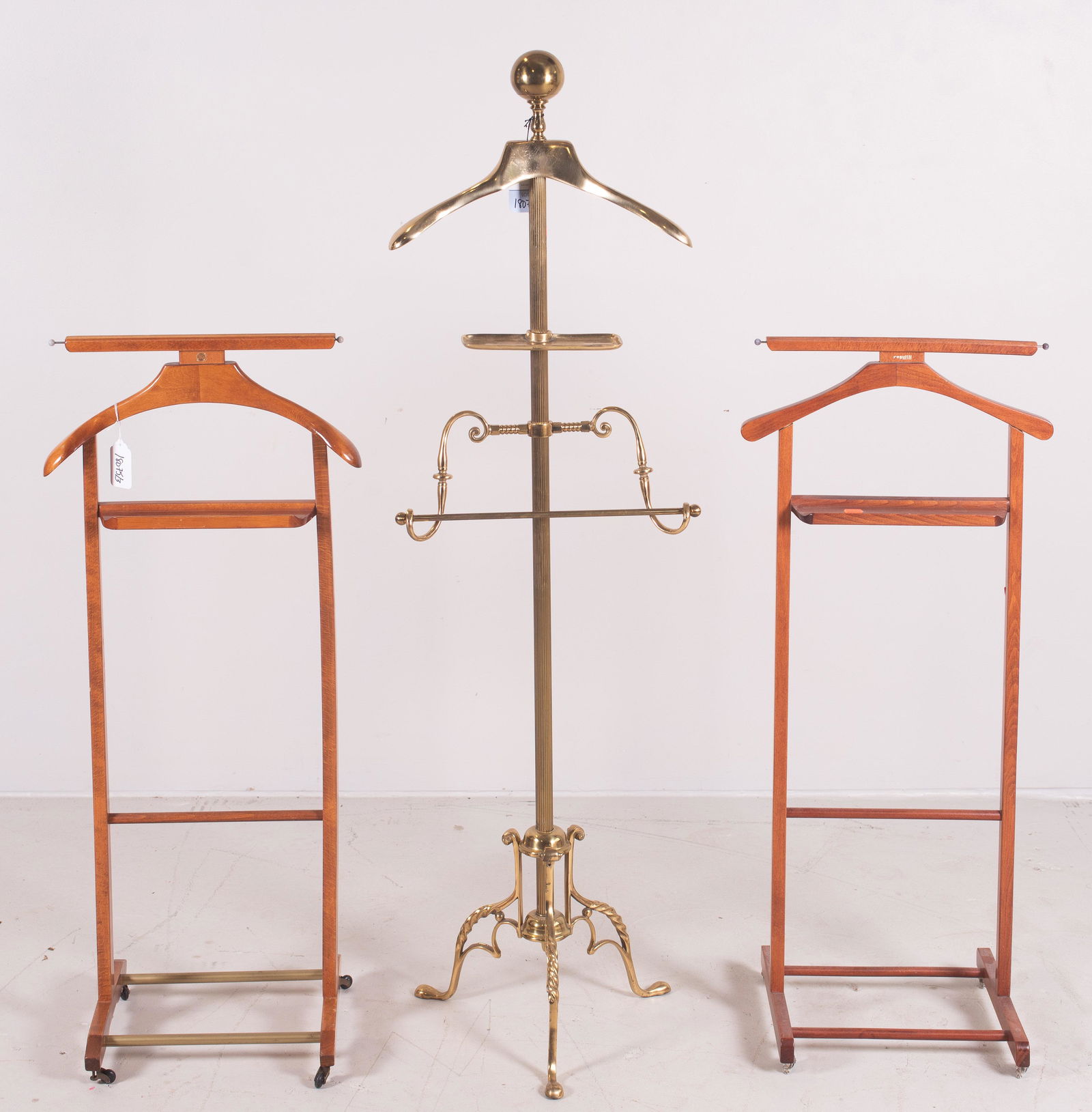 (3) Valet stands: (3) Valet stands, c/o two wood and one brass, largest 57"h