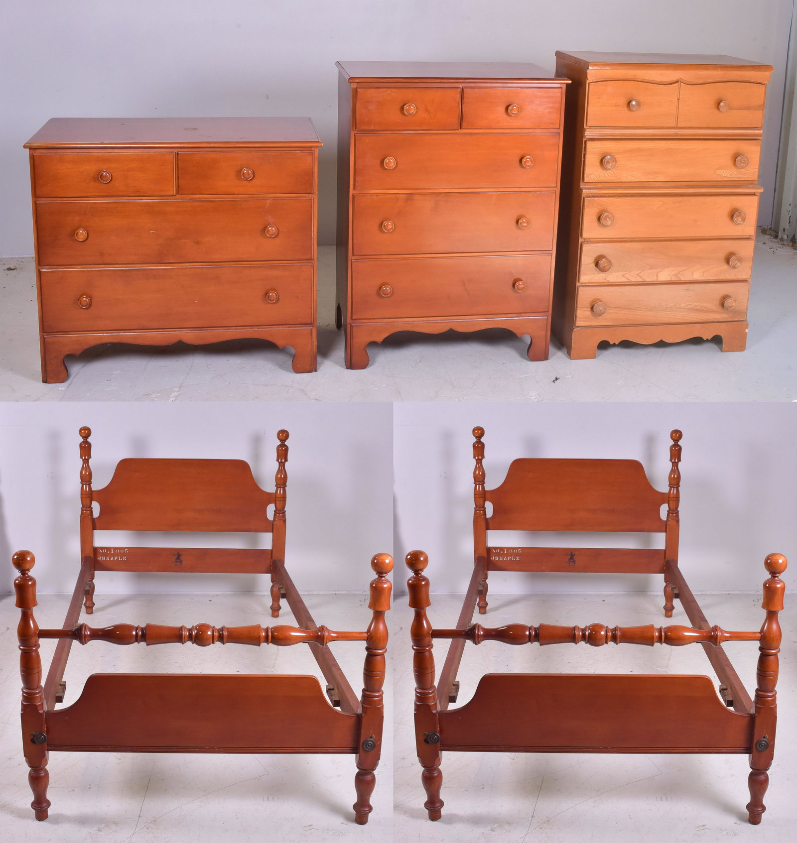 (4) pc Meeting House Maple BRS, additional high chest: (4) pc Meeting House Maple BRS, c/o high chest, step back chest, dresser, pair twin size beds, with additional high chest, largest 46"h x 30"w
