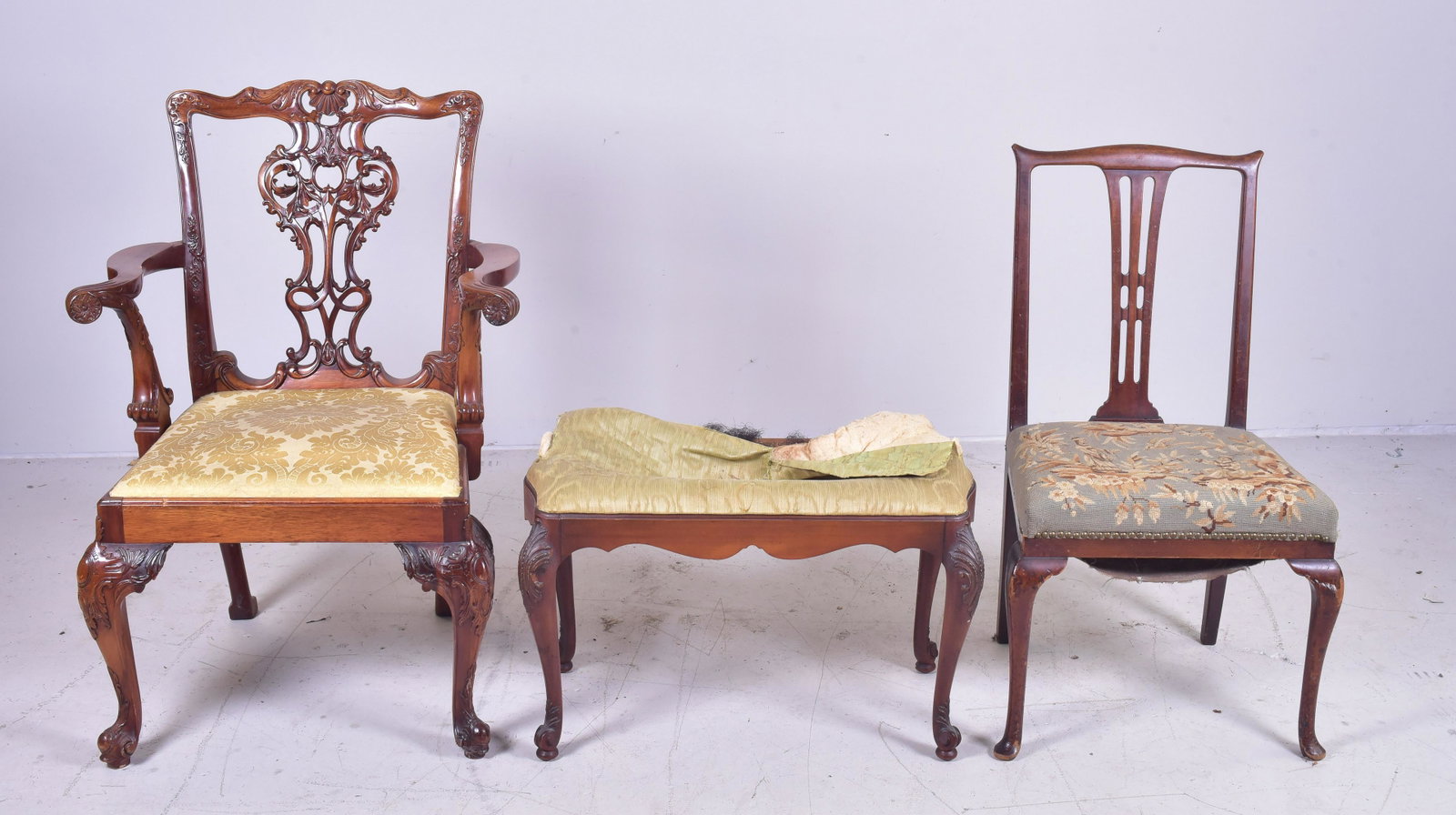 Carved mahogany Irish side chair, Mahogany QA style: Carved mahogany Irish side chair, Mahogany QA style side chair, along with upholstered vanity footstool, largest 38-1/2"h, seat height 18"h