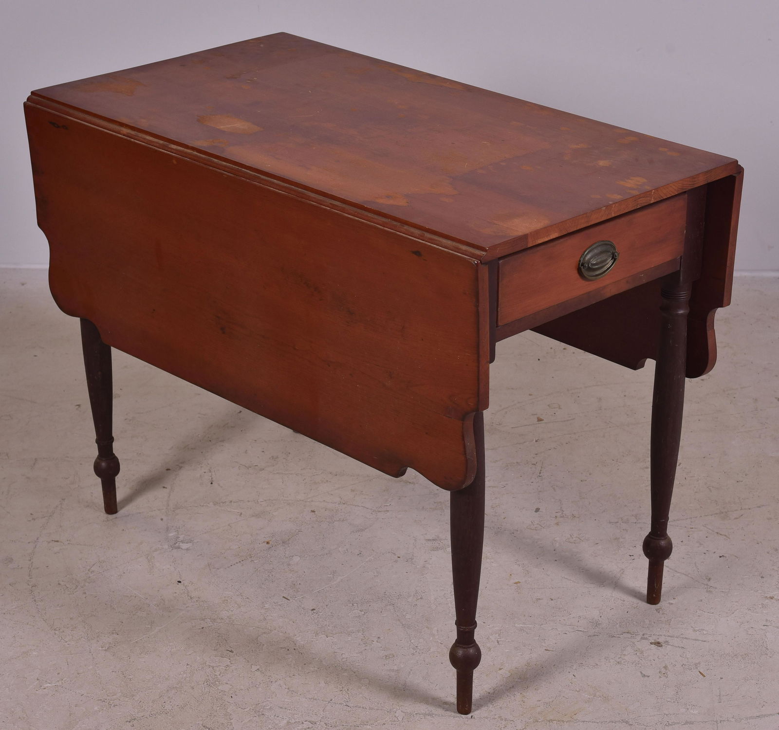 Cherry Sheraton Drop Leaf Table: Cherry Sheraton Drop Leaf Table, shaped leaves, drawer in one end, 38" l, 20" w, 13" leaves, 28 1/2" h, mid-19th c, water spotting on the top