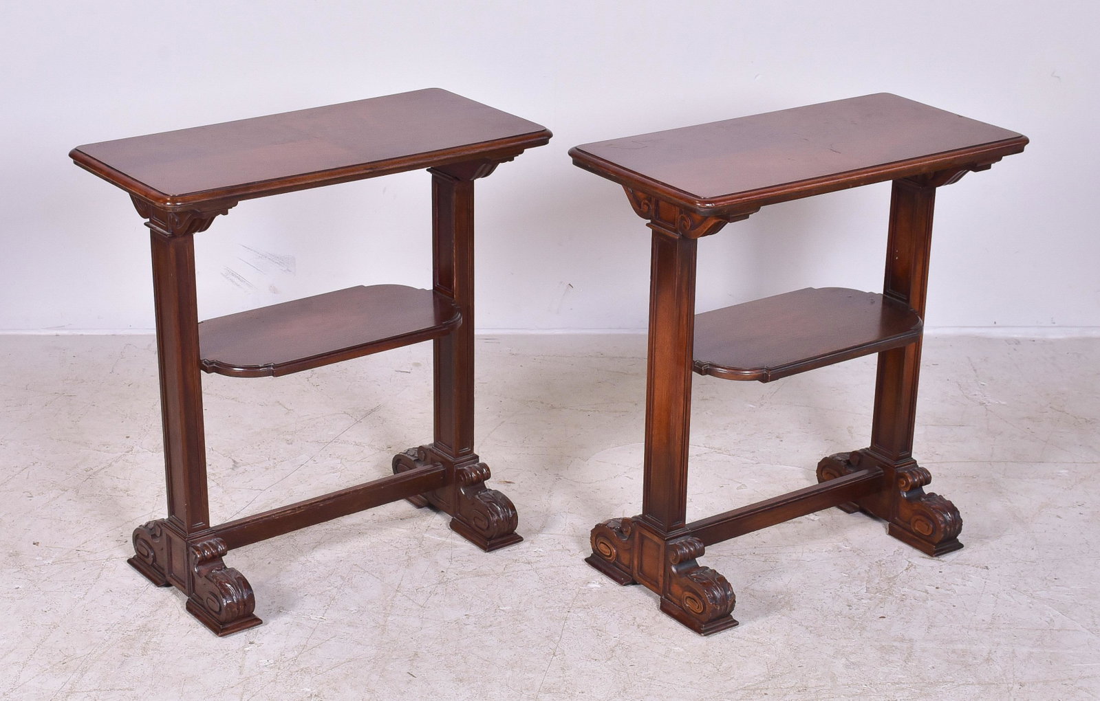 Pair Regency style mahogany carved side tables: Pair Regency style mahogany carved side tables, 2-tiers, 25"h x 24"w