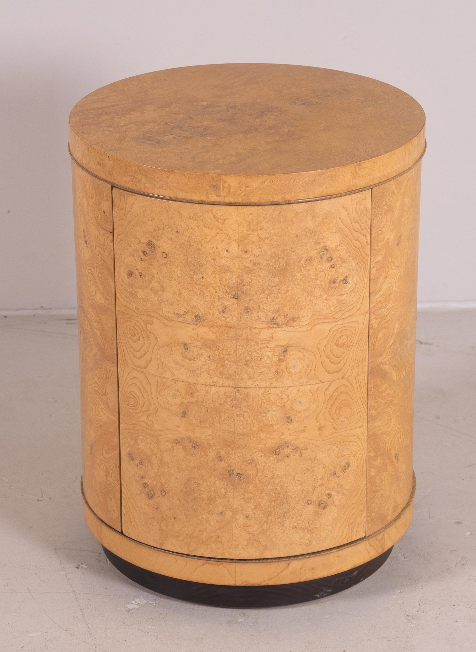 Milo Baughman style burl walnut one door side table: Milo Baughman style burl walnut one door side table, interior with shelf, 25-1/2"h x 19"diameter, split in veneer at back