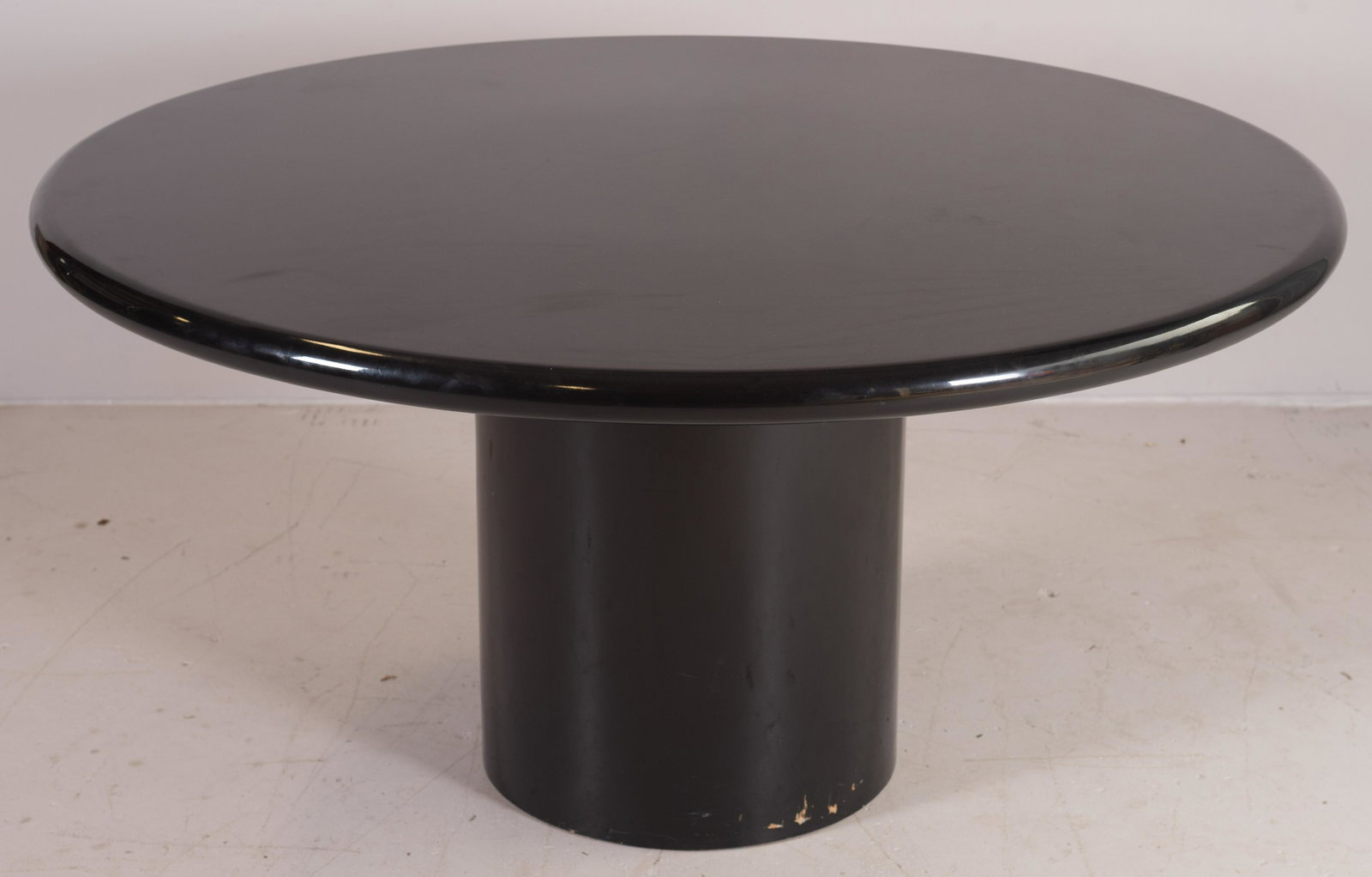 Knoll style ebonized round dining table: Knoll style ebonized round dining table, 30"h x 57-1/2"diameter, some surface scratches to top and base