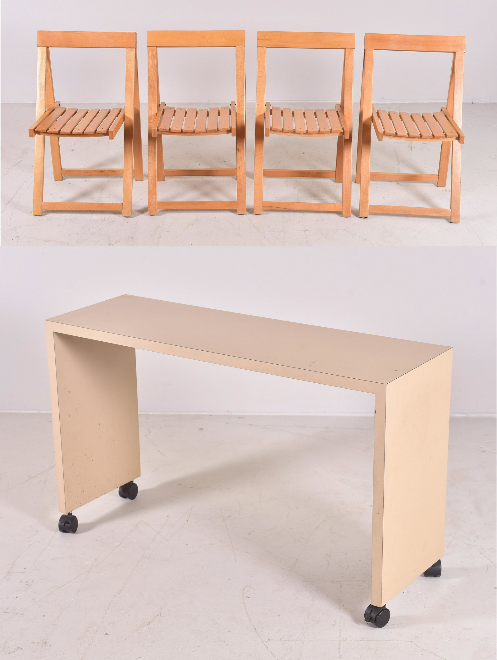 Modern Design rolling console table: Modern Design rolling console table, along with (4) folding chairs with slatted seats, console 26"h x 43"w