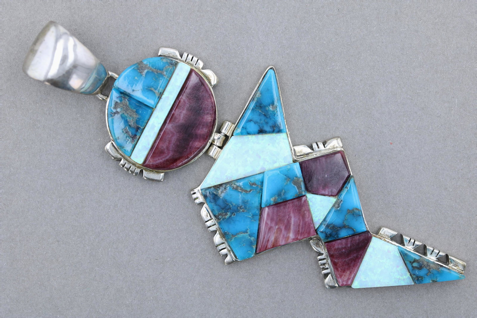 Stone Inlaid Sterling Silver Pendant, Quintana Lewis: Stone Inlaid Sterling Silver Pendant, Quintana Lewis, Native American Artisan, 4" high, 1.15 TO