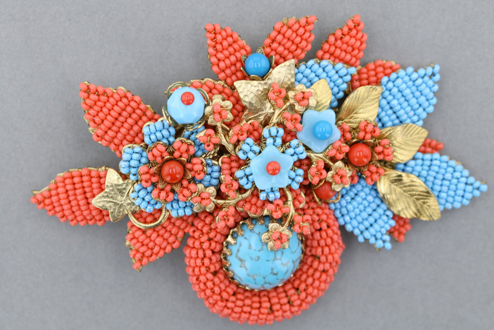 Stanley Hagler faux coral and turquoise pin: Stanley Hagler faux coral and turquoise pin, 4"