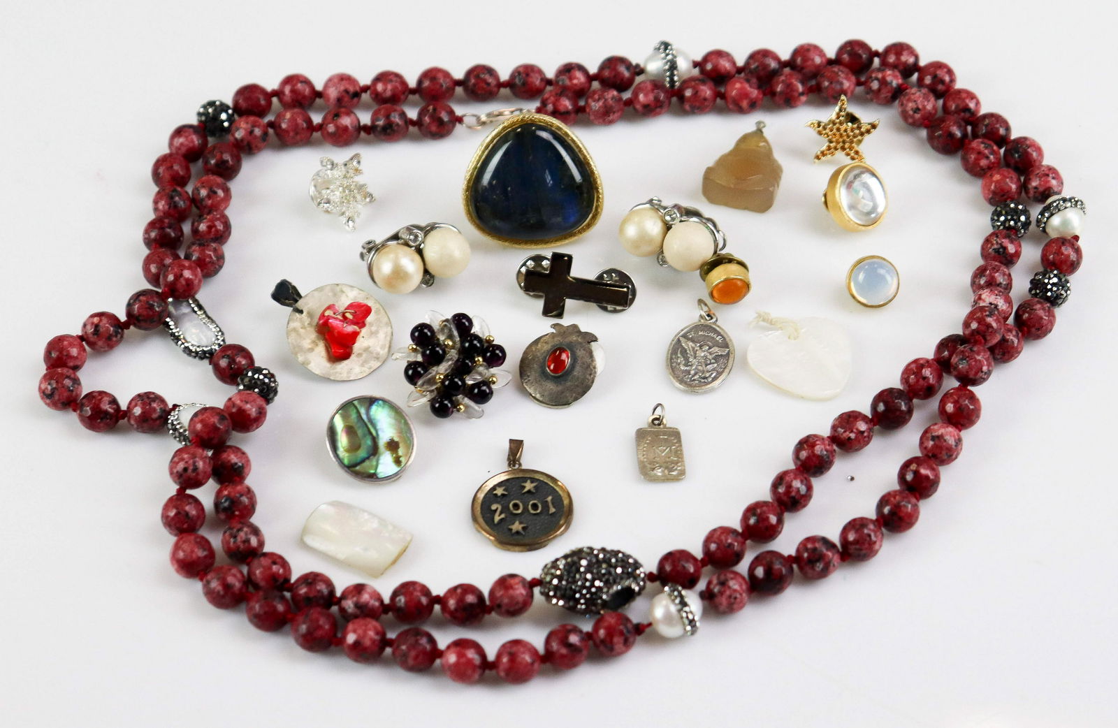 14K Italian Gold Labradorite ring and Misc. Jewelry: (1) 14K Italian Gold Labradorite ring sz 7, signed 14K Milor Italy, fair condition some dents on the shank. (1) sterling silver ruby zoisite necklace, 32" long, small baggie of misc. jewelry pins, fas