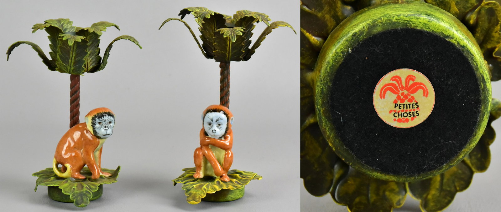Pair Petit Choses Monkey Candle Holders: Pair Petit Choses monkey candle holders, porcelain and tole, leaf base and tree form, painted porcelain monkeys in seated and crouched position, having been reglued to base, 7" h