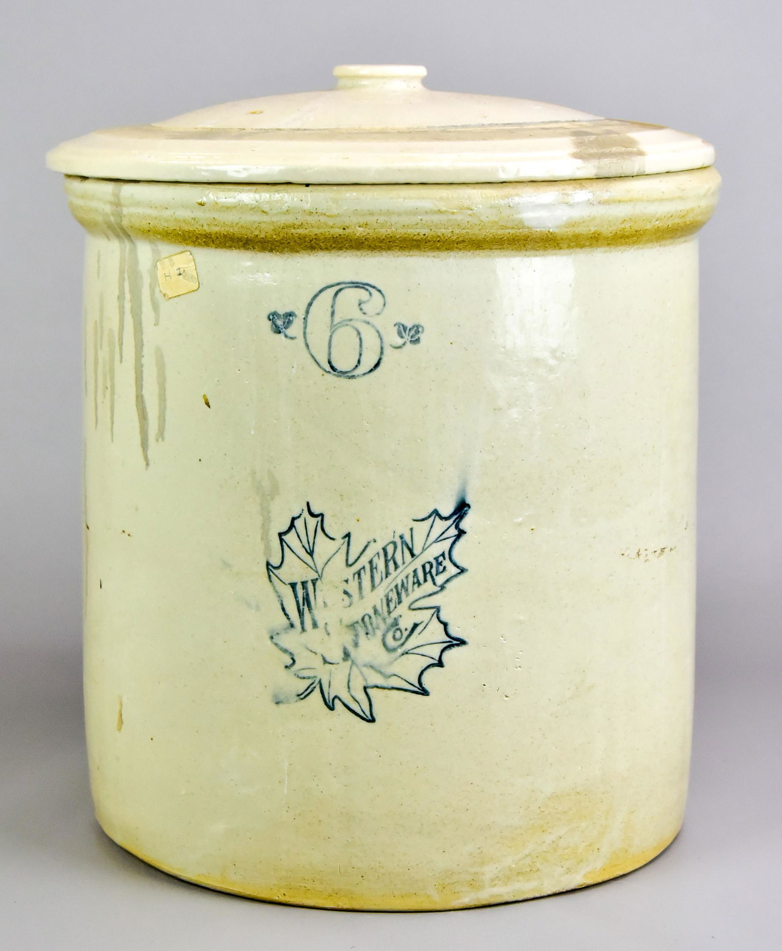 Western Stoneware Covered Crock: Western stoneware covered crock, 6 gallon, lid with repair, 14" h