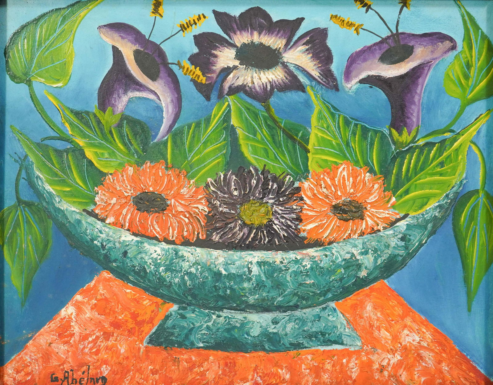 Gesner Abelard Haitian Still Life Painting: Gesner Abelard (Haitian, b 1922) still life painting depicting flowers in a bowl, oil on masonite, signed "G. Abelard", 8" x 10", framed 12" x 14", good condition