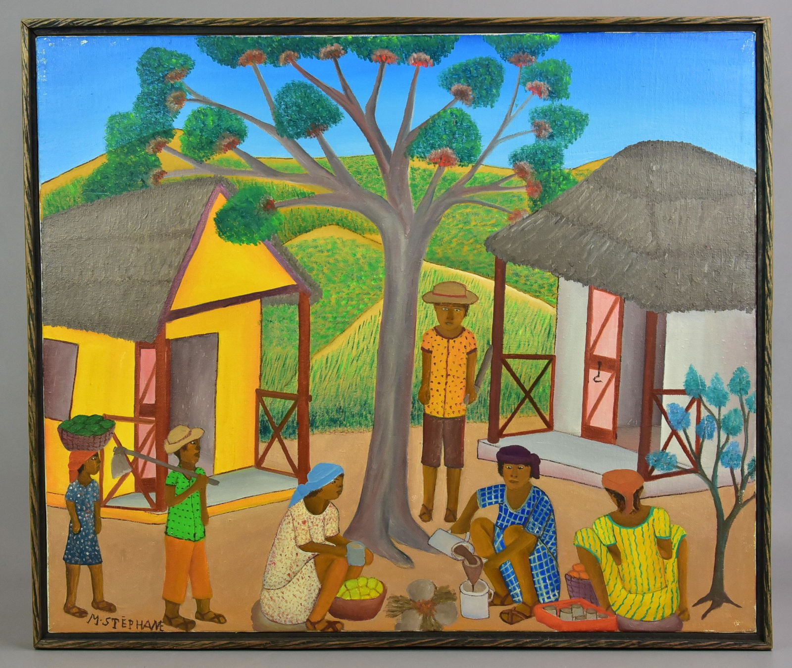 Micius Stephane Haitian Painting: Micius Stephane (Haitian, 1912-1996) painting depicting a village scene, oil on canvas, signed "M. Stephane", 20" x 24", framed 21" x 25", good condition