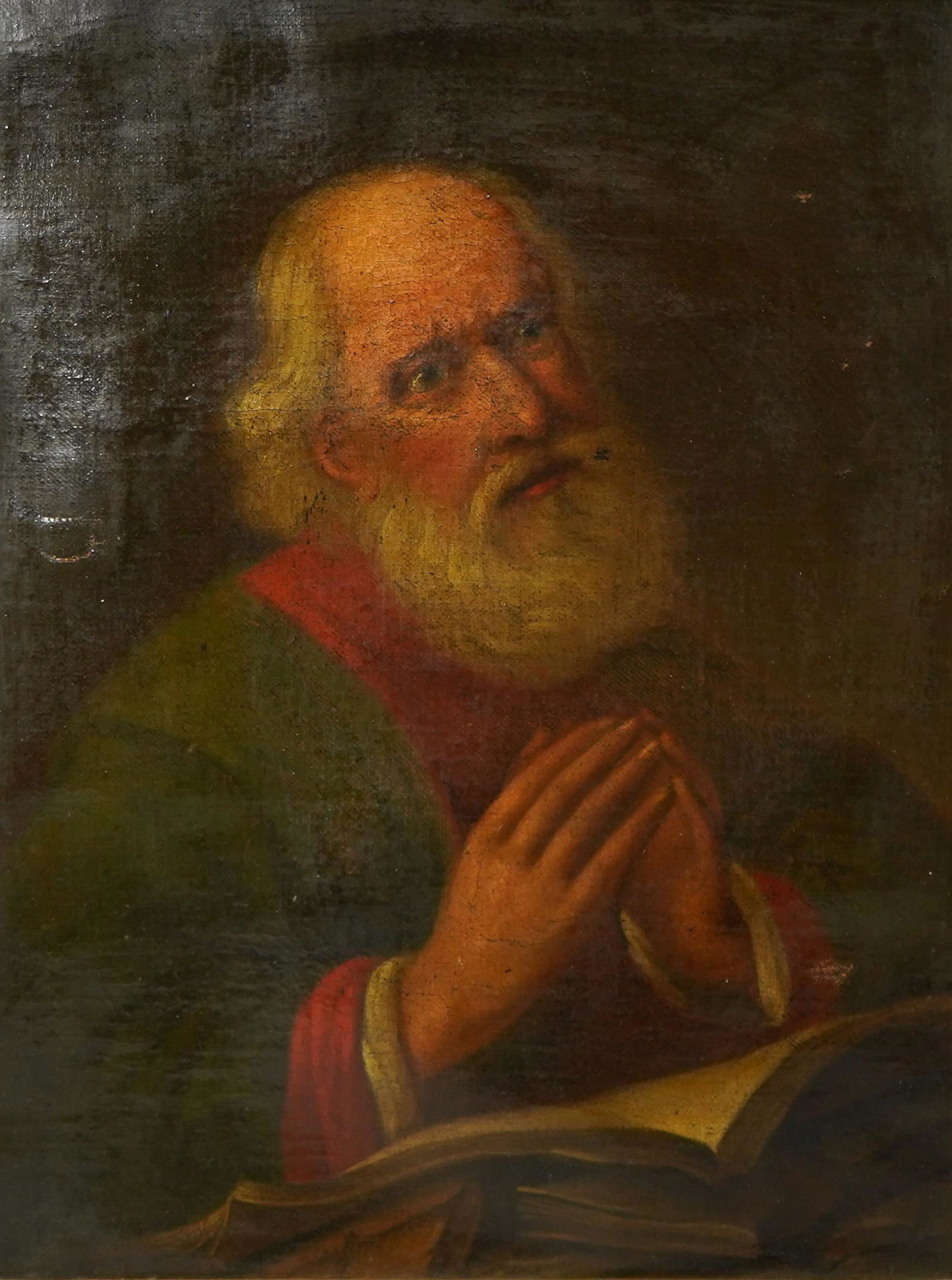 19th C Painting of Praying Man: 19th C painting of a praying man, possibly St. Anthony, oil on canvas, no visible signature, mounted in giltwood and gesso frame, 18" x 14", framed 22-1/2" x 18-1/2", fair condition with small punctur