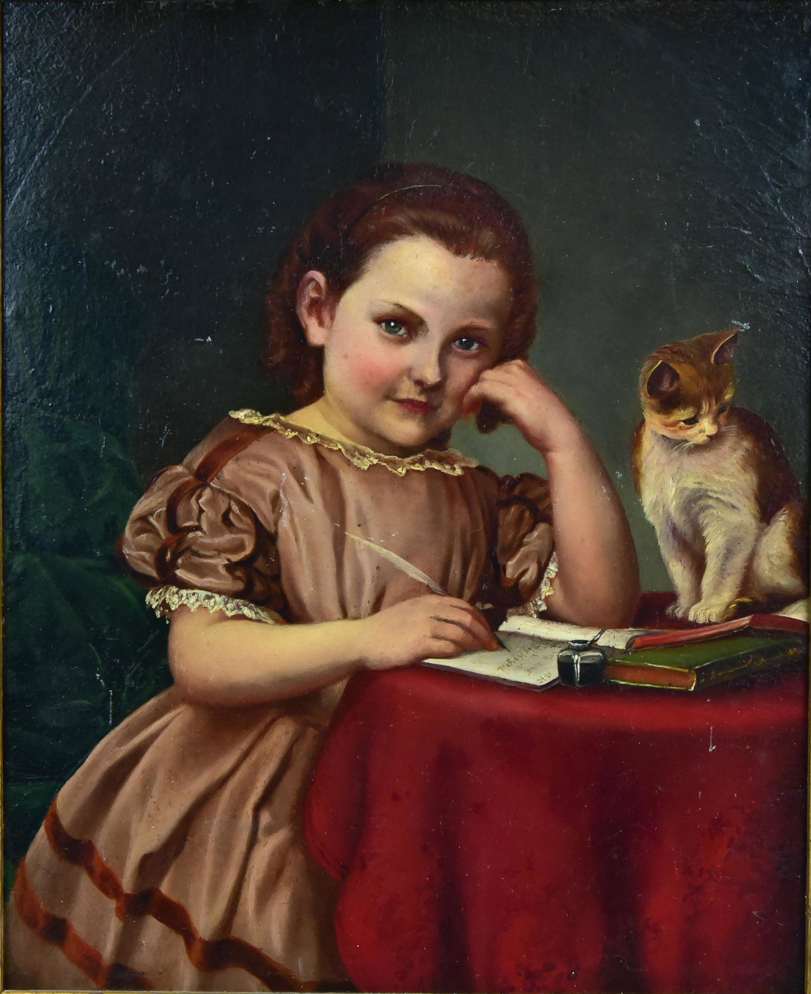 19th C Painting of a Young Girl w/Cat: 19th C painting of a young girl w/a cat, oil on board, unsigned, illegible label on back, 12-3/4" x 10-1/4", framed 17" x 14-3/4', good condition