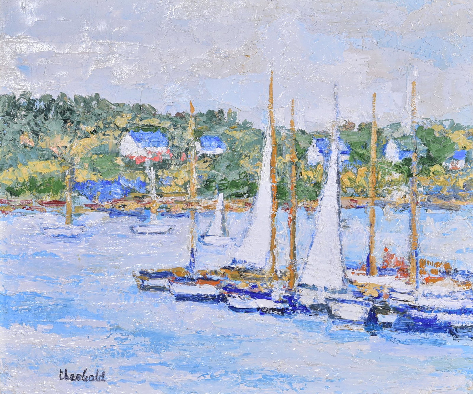 Renee Theobald "Dans Le Port des Voilers": Renee Theobald (French, 1926-2014) "Dans Le Port des Voilers", oil on canvas, signed "Theobald", 18-1/4" x 21-3/4", framed 25-3/4" x 29-1/4", very good condition