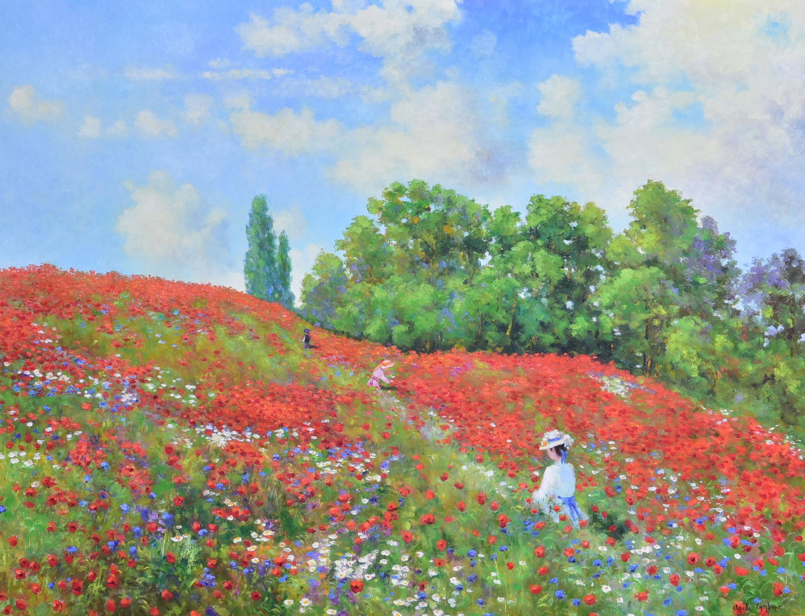 Claude Cambour "Les Coquelicots a Giverny": Claude Cambour (French, b 1940), "Les Coquelicots a Giverny", acrylic on canvas, signed "Claude Cambour", 35" x 45-3/4", framed 42" x 52-3/4", very good condition