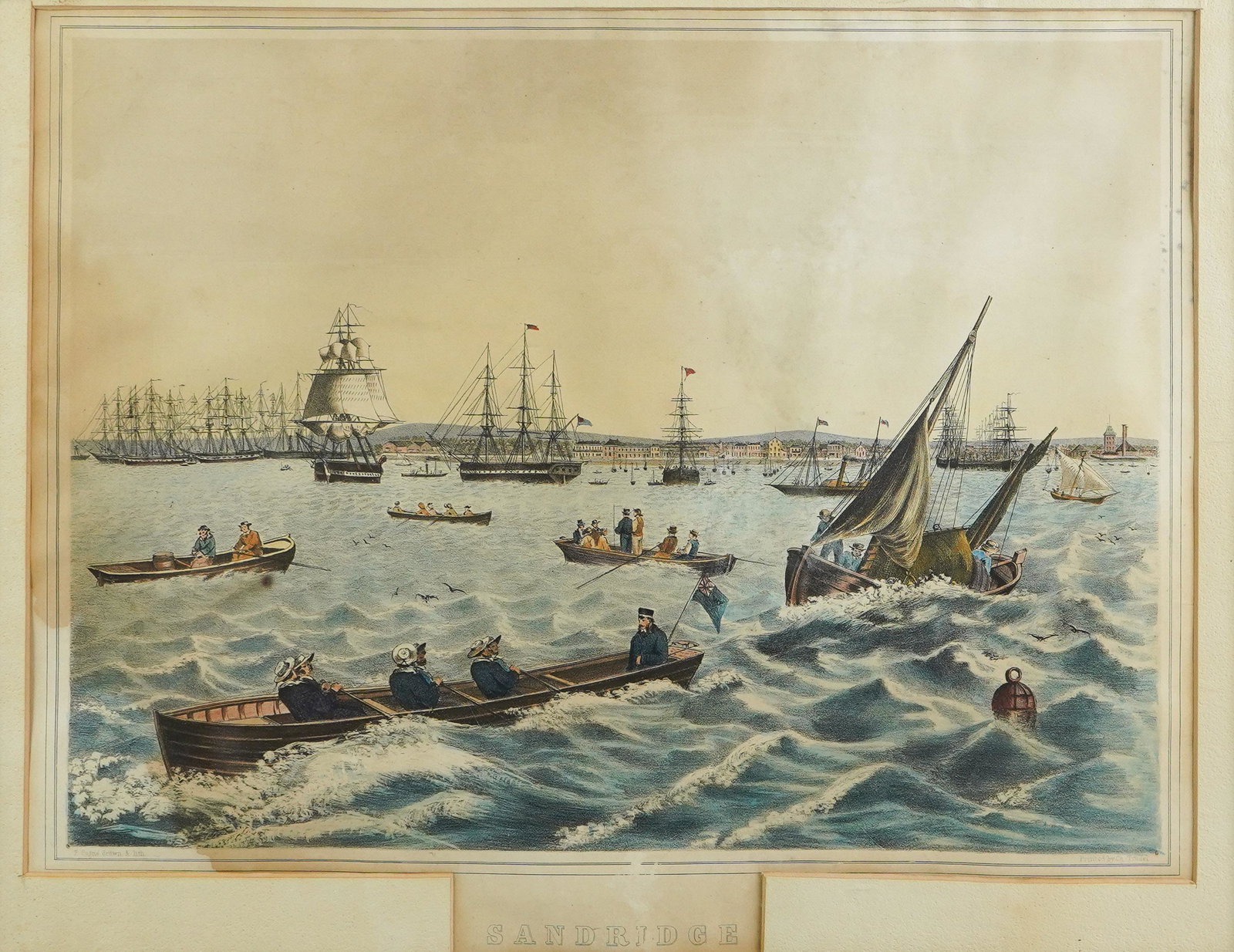 "Sandridge from Hobson's Bay" Lithograph: "Sandridge from Hobson's Bay" lithograph, printed by Charles Trodel after a painting by Francois Cogne, 10-1/2" x 14" image, framed size 16-3/4" x 20-1/2", poor condition with stains, spots and surfac