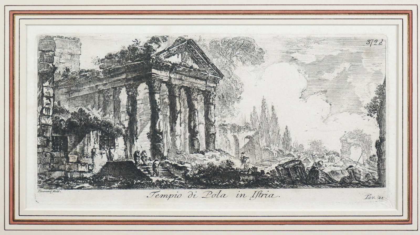 Giovanni Piranesi "Tempio di Pula In Istria": Giovanni Piranesi (Italian, 1720-1778) "Tempio di Pola in Istria", Regia Calcografia edition, etching on paper, Regia Calcografia Roma blindstamp lower right, 5" x 10-1/4" plate, framed 14" x 20-1/2",