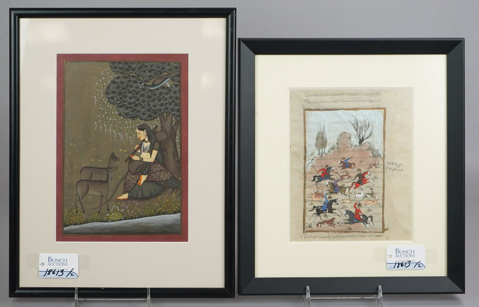 (2) Small Indo-Persian Paintings: (2) Small Indo-Persian paintings, Moghul hunt scene, watercolor on paper, text on reverse, 7-3/4" x 6-1/4" sight; young woman with 2 deer, gouache on paper, 8-3/4" x 5-7/8" sight, largest framed size 