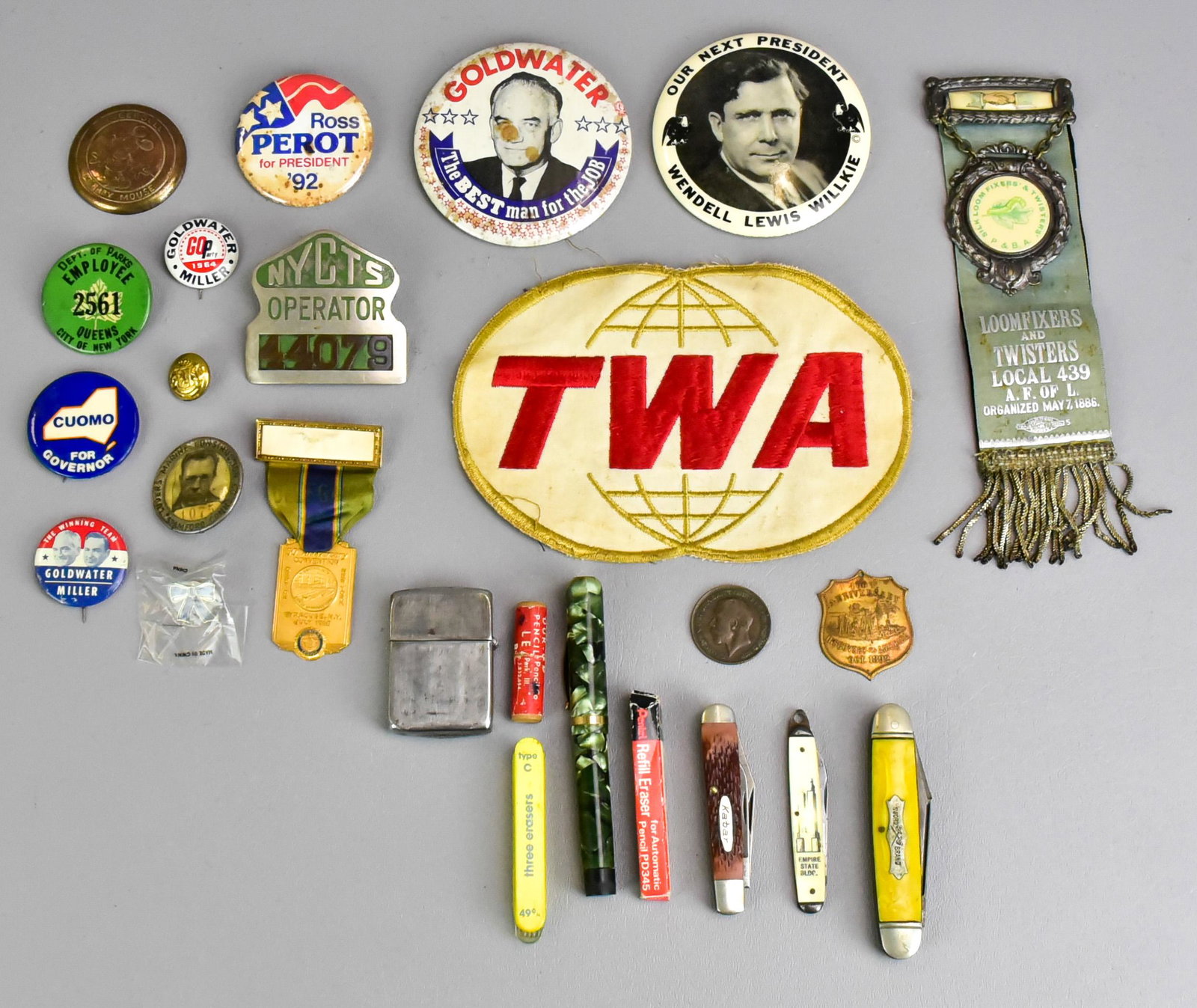 Vintage Political Pins and Collectibles: Vintage political pins and collectibles to include Goldwater, Wendell Lewis Willkie, Cuomo and Ross Perot pins, 400th Anniversary of the Discover of America badge, Oct. 1892, 50th Anniversary Conventi