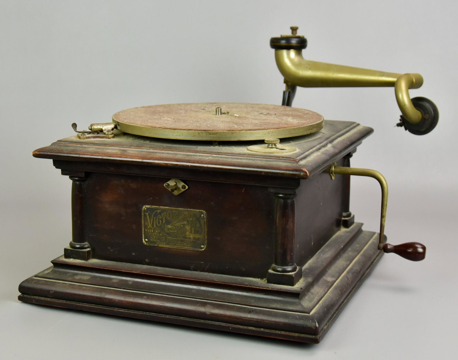 Mahogany Victor Victrola Model IV: Mahogany Victor Victrola Model IV, serial # 34867, Mahogany case with turned corner columns, 10 in. double spring driven turntable with crank on the right side, rear mounted support arm is painted bla