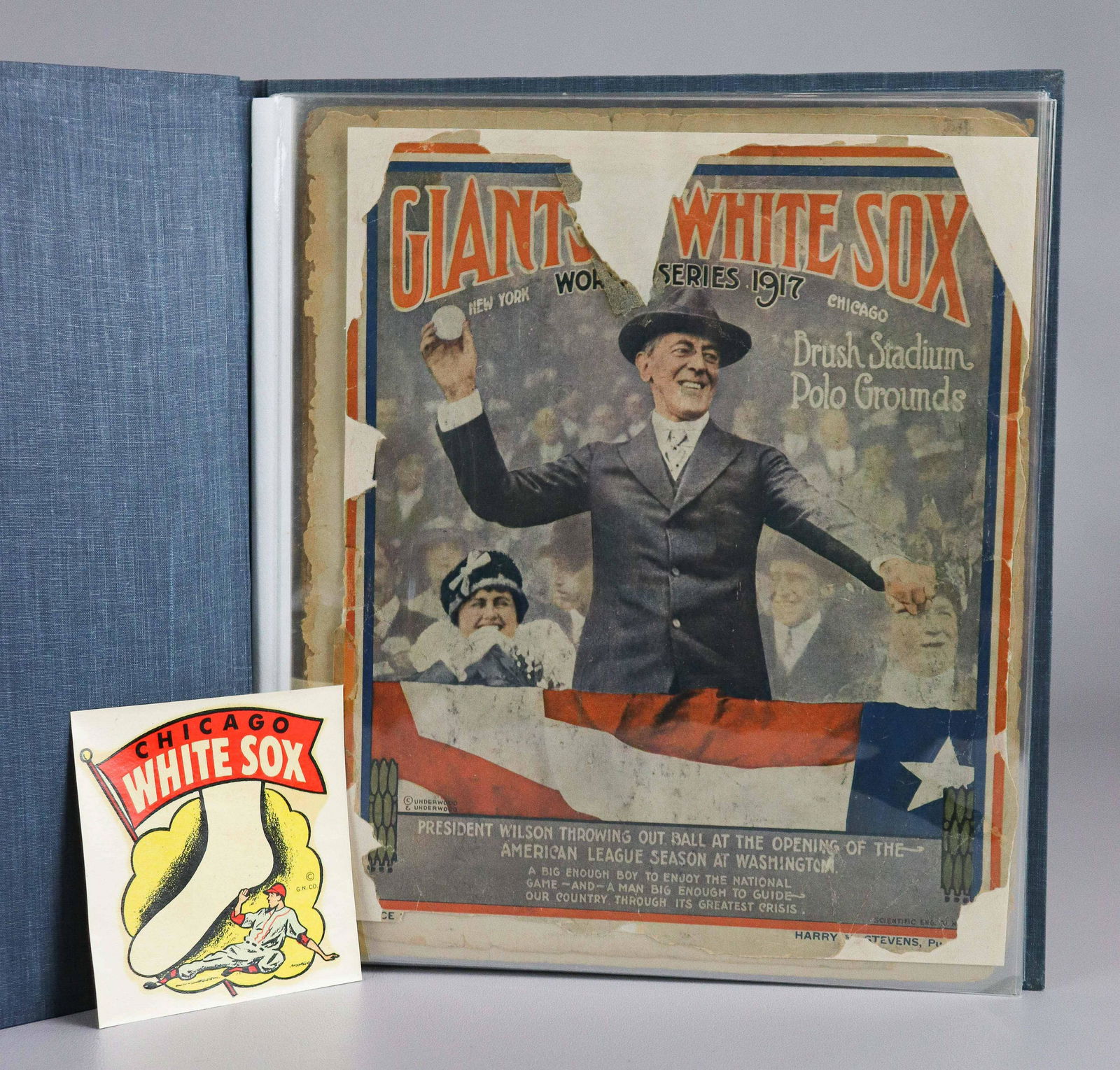 1917 World Series Giants White Sox Program: 1917 World Series Giants White Sox program at New York picturing President Wilson throwing out the first ball at the opening of the American League season at Washington. The program is separated and h