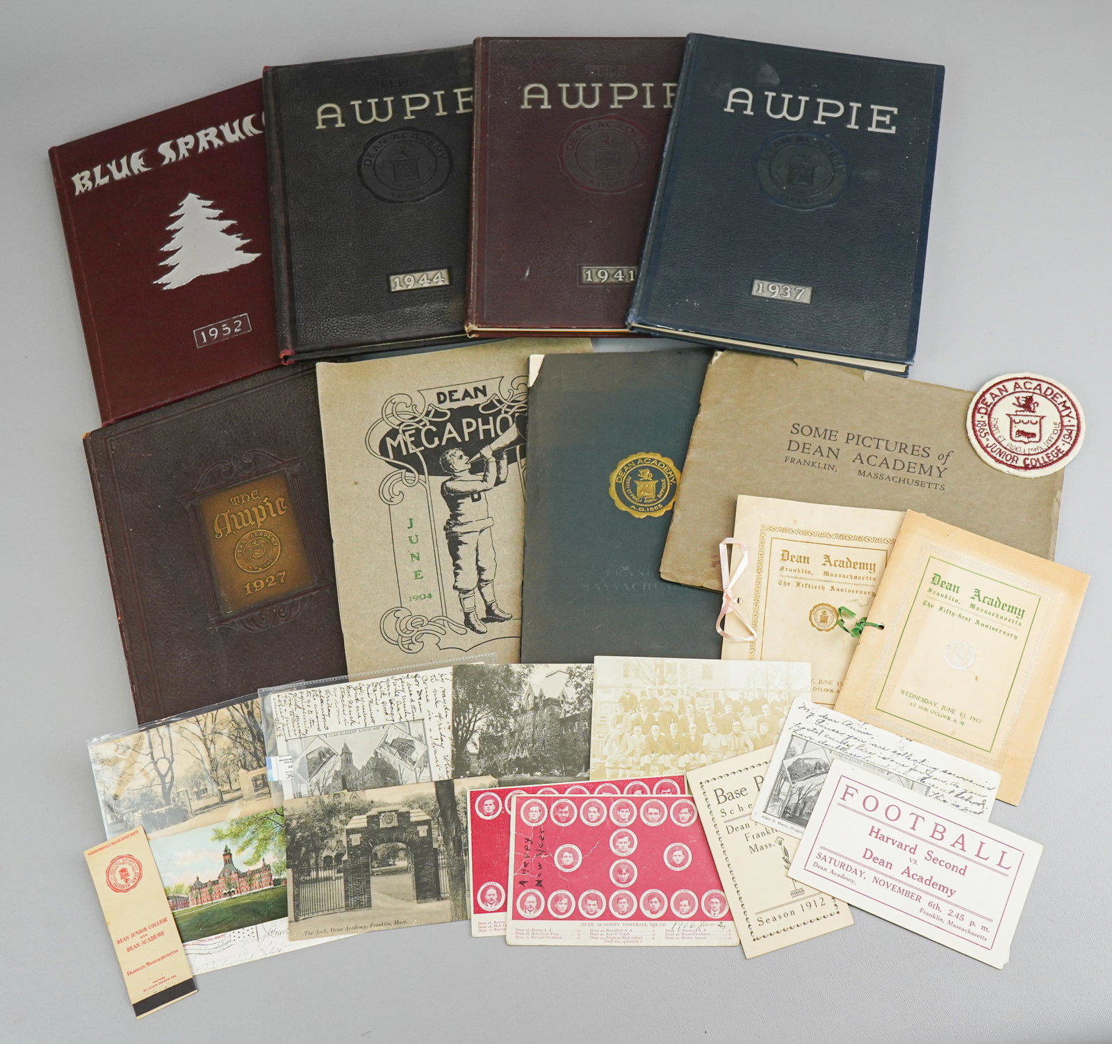 Dean Academy/Dean College Ephemera: Dean Academy/Dean College ephemera including Dean Academy Catalog, 1910, 1927 Dean Academy 'Awpie' yearbook, 1937 Dean Academy 'Awpie' yearbook, 1941 Dean Academy 'Awpie' yearbook, 1944 Dean Academy '