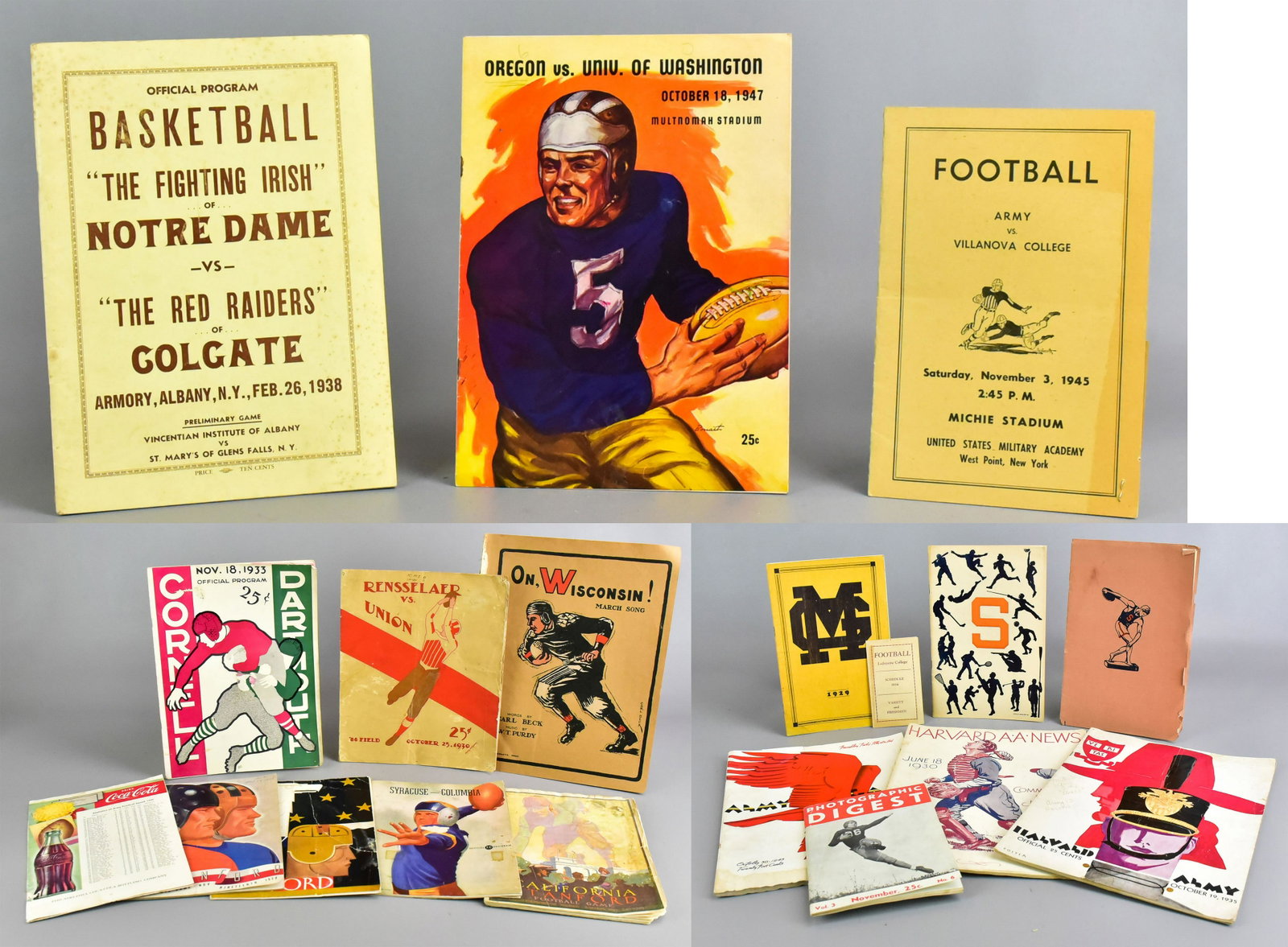 Various College Athletic Programs: Various college athletic programs to include 1938 Notre Dame vs Colgate basketball, some wear, 1933 Cornell v Dartmouth, Harvard Athletics News 1930, 1945 Villanova vs Army with ticket stub, 1925 and 