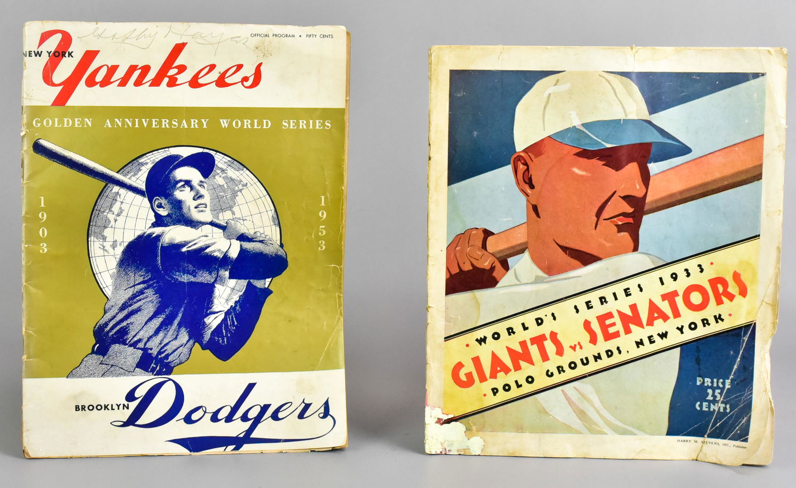 (2) World Series Programs: (2) World Series Programs- 1933 Giants v. Senators scorecard in tact, but with paper loss on side, wear and water damage, also to include 1953 Yankees v Dodgers signed at the top center of front cover