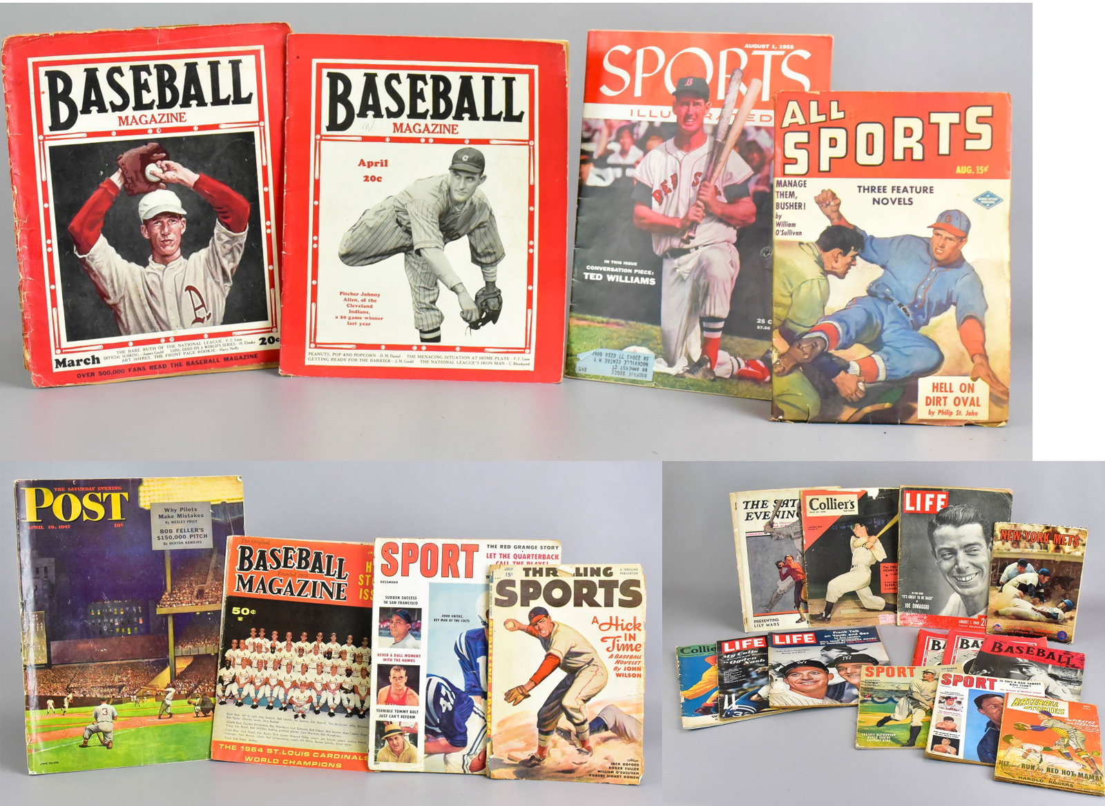 (20)+ Varied Magazines of Sport Subjects: (20)+ varied magazines of sport subjects incl 1955 sport illustrated williams cover, Baseball magazine, lefty grove, Collier's 1946 DiMaggio cover, 1932 Saturday Evening Post kid and ball player, 1961