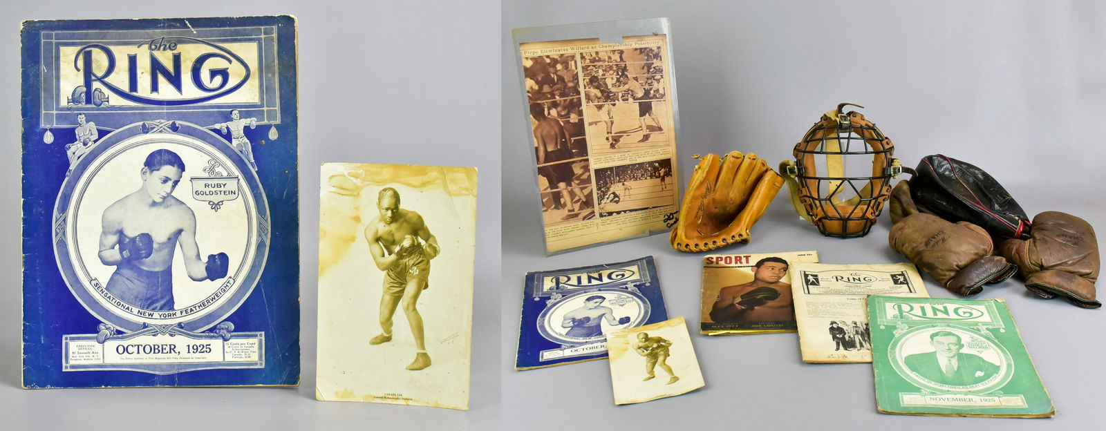 Boxing Lot and Sport Lot: Boxing lot to include Ring Magazine, (3), incl. 1925 Ruby Goldstein cover, fair to good condition, Sport magazine Bill Lewis 1948, varied damage, D&M leather speed bag, Everlast Olympic Model speed ba
