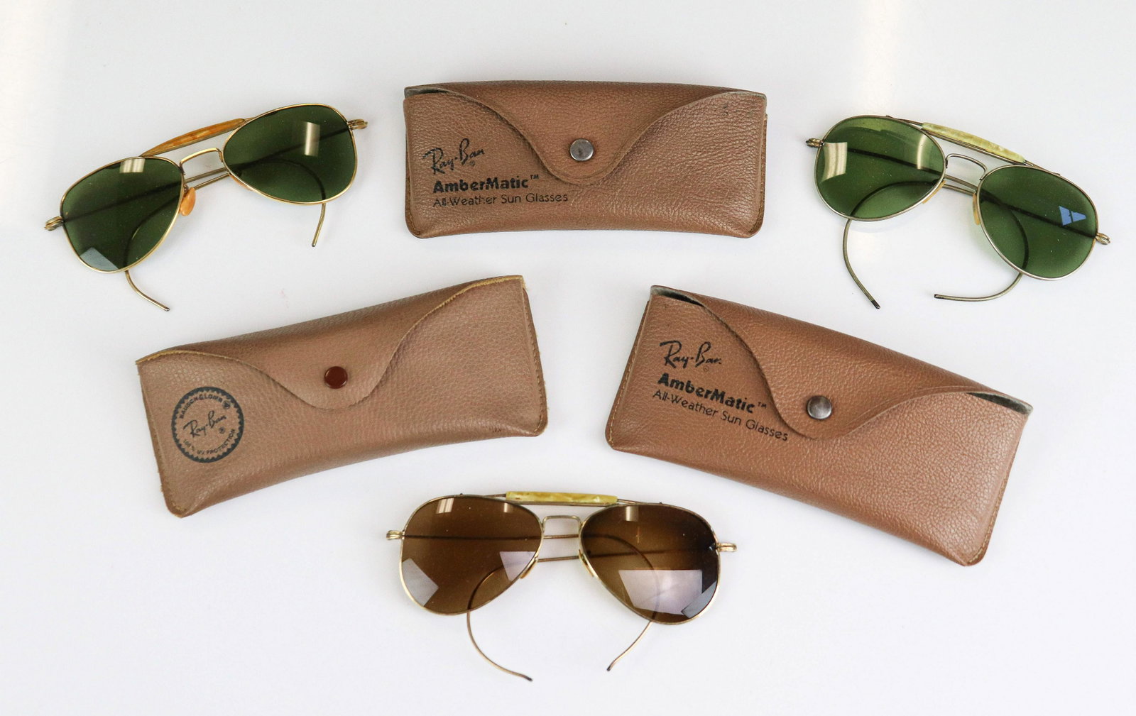 (3) Pair Vintage Outdoorsman Style Sunglasses: (3) Pair vintage Outdoorsman style sunglasses to include 12k GF sunglasses, gold tone sunglasses and silver tone, all with celluloid bridge, cable temples and glass lenses. All include vintage Ray Ban